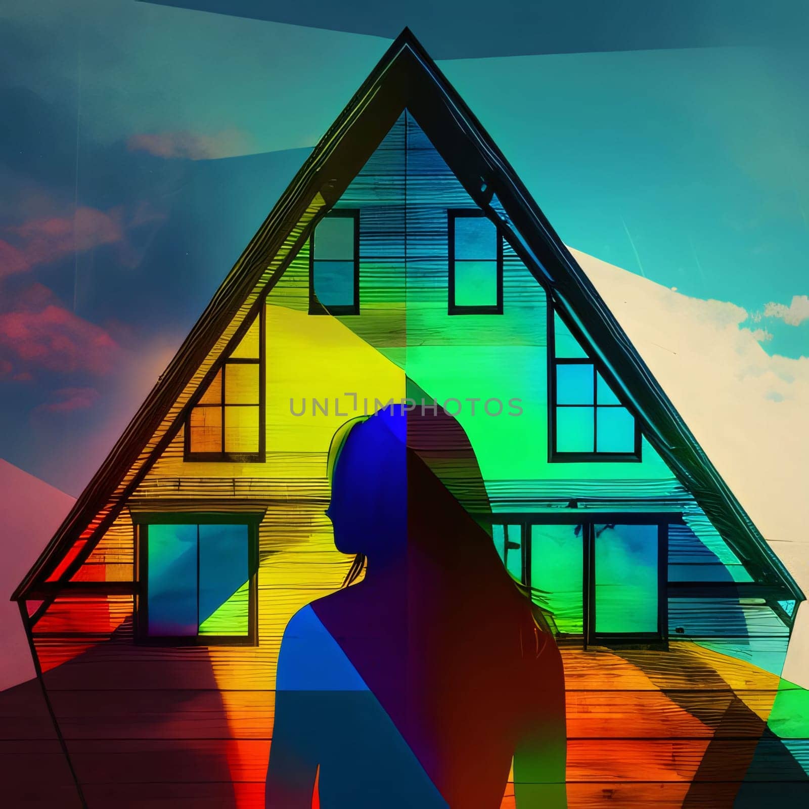 Abstract illustration, house with triangular roof and silhouette of Woman. Symbol of women's freedom. A month of pride in being a woman.