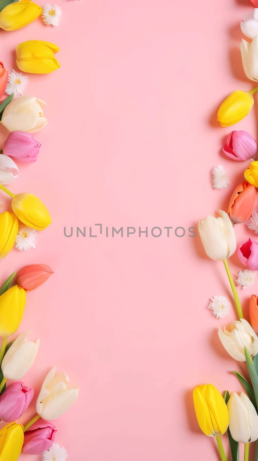 Pink blank decorated on the sides with colorful tulips, flowers, space for your own content. World Women's Day. by ThemesS