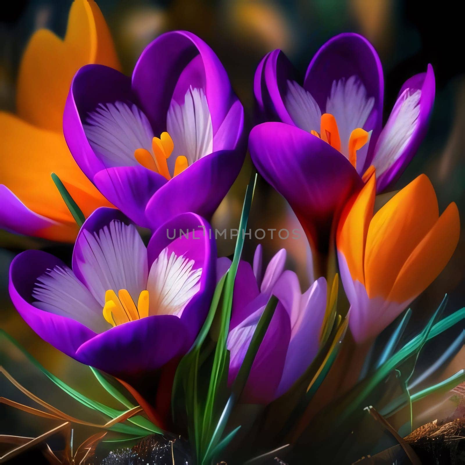 Colorful: purple, orange crocuses. World Women's Day. A day on which all ladies have a holiday.