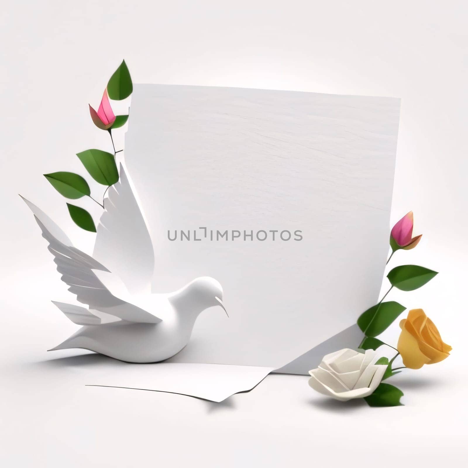 White blank card, with space for your own content. Decorated with roses, leaves, paper dove. World Women's Day. The day on which all ladies have a holiday.