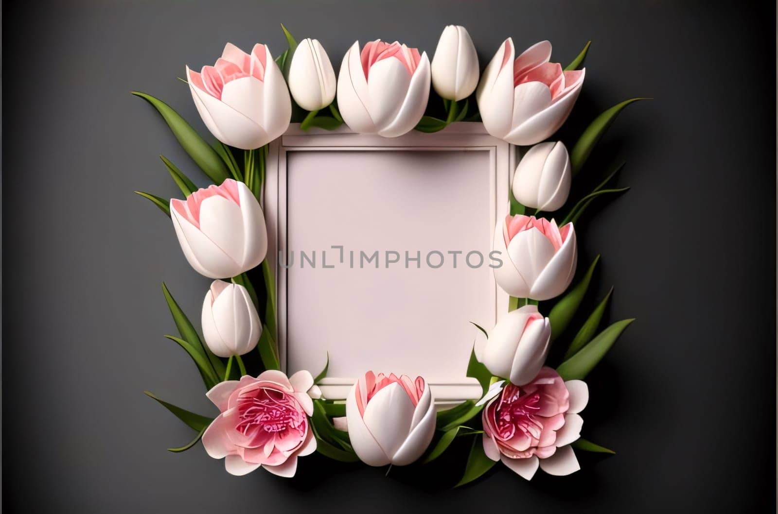 White blank card, frame with space for your own content. Decorated with white tulips. World Women's Day. The day on which all ladies have a holiday.