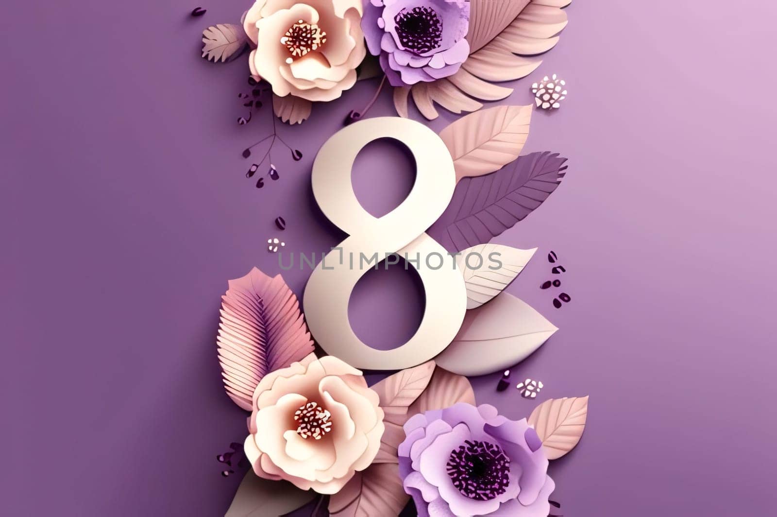 Number 8 symbolizing March 8 decorated with purple flowers, dark background. World Women's Day. A day on which all ladies have a holiday.