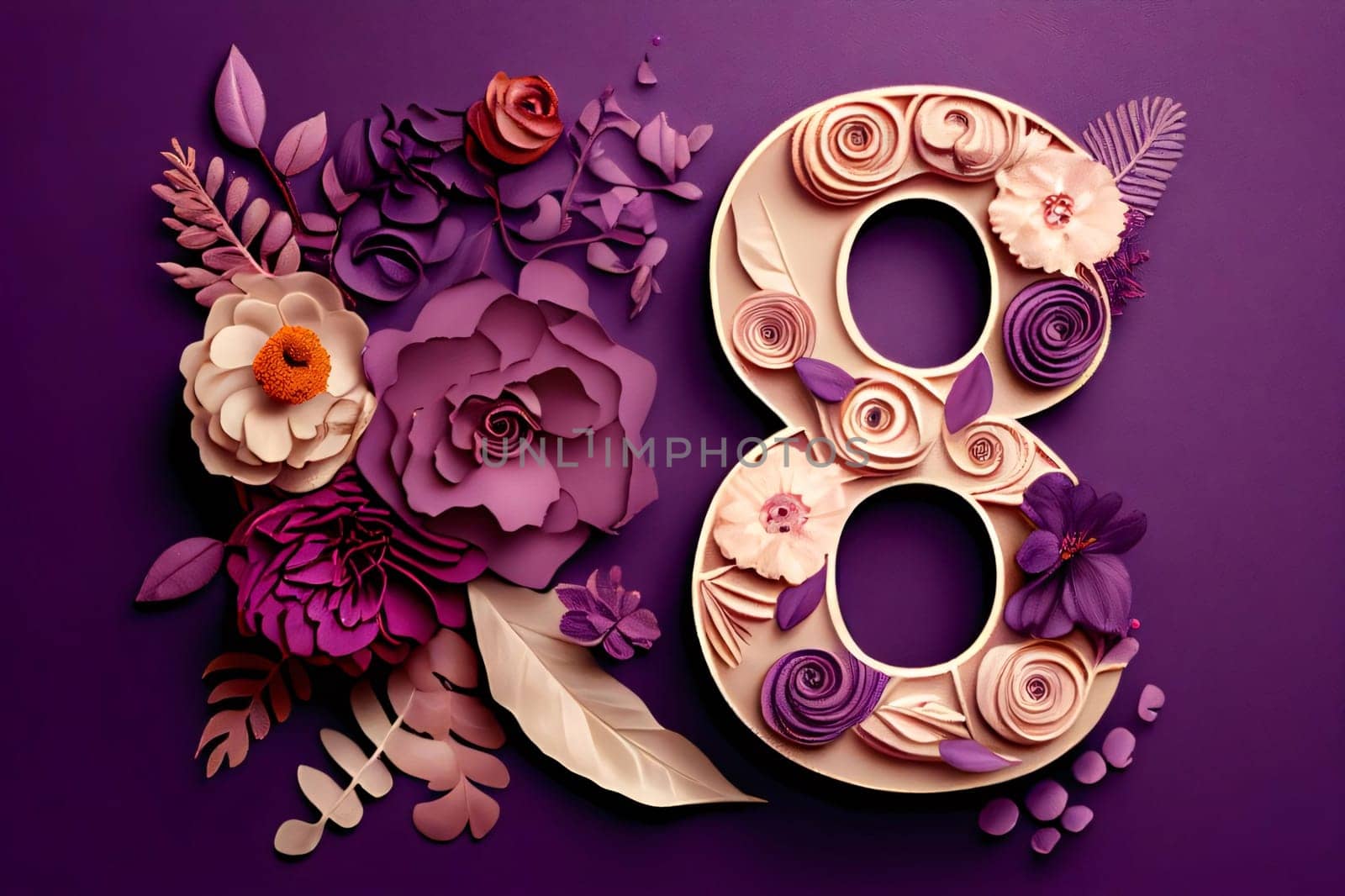 Number 8 symbolizing March 8 decorated with purple flowers, dark background. World Women's Day. A day on which all ladies have a holiday.