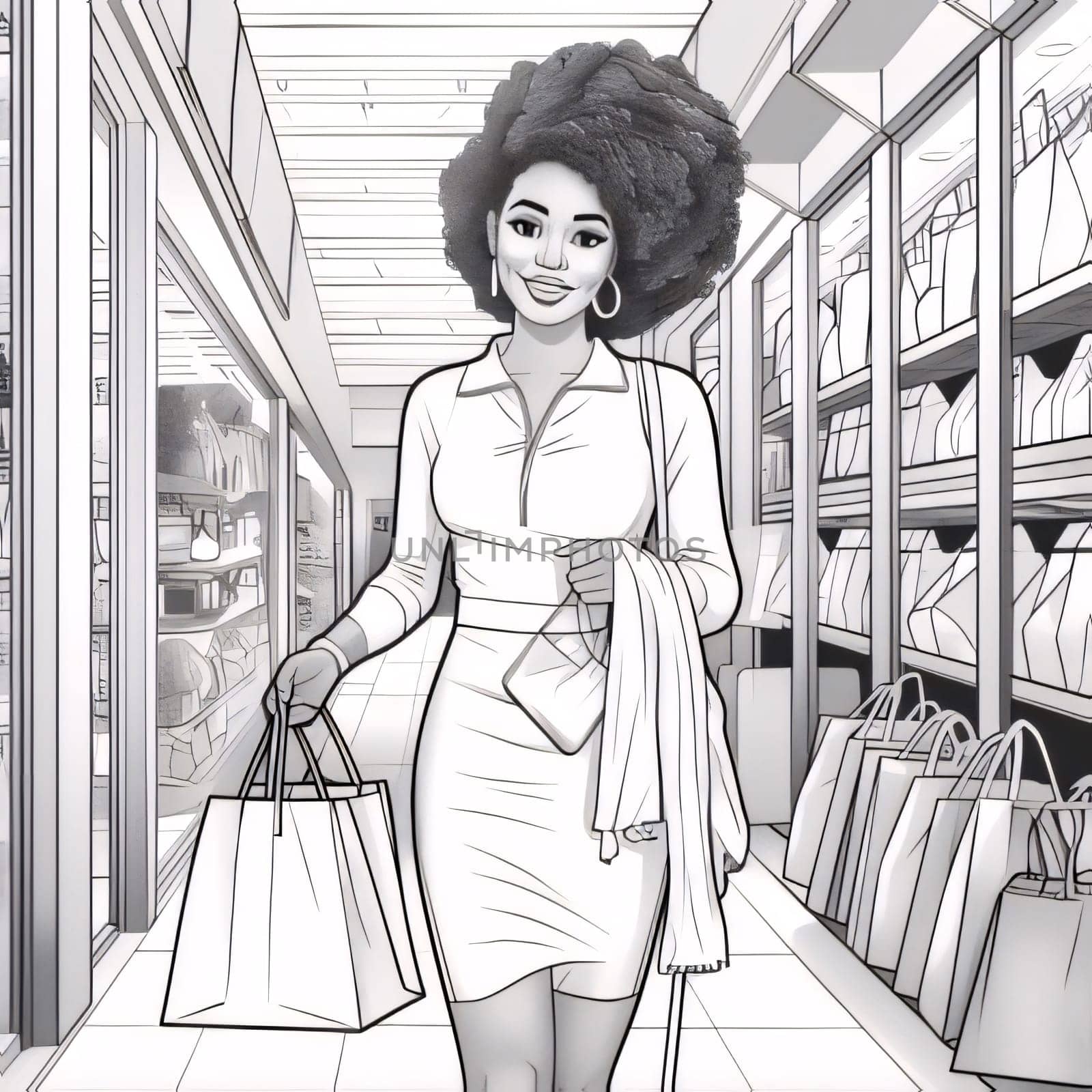 A black and white coloring page and a woman shopping with a bag. World Women's Day. A day on which all ladies have a holiday.