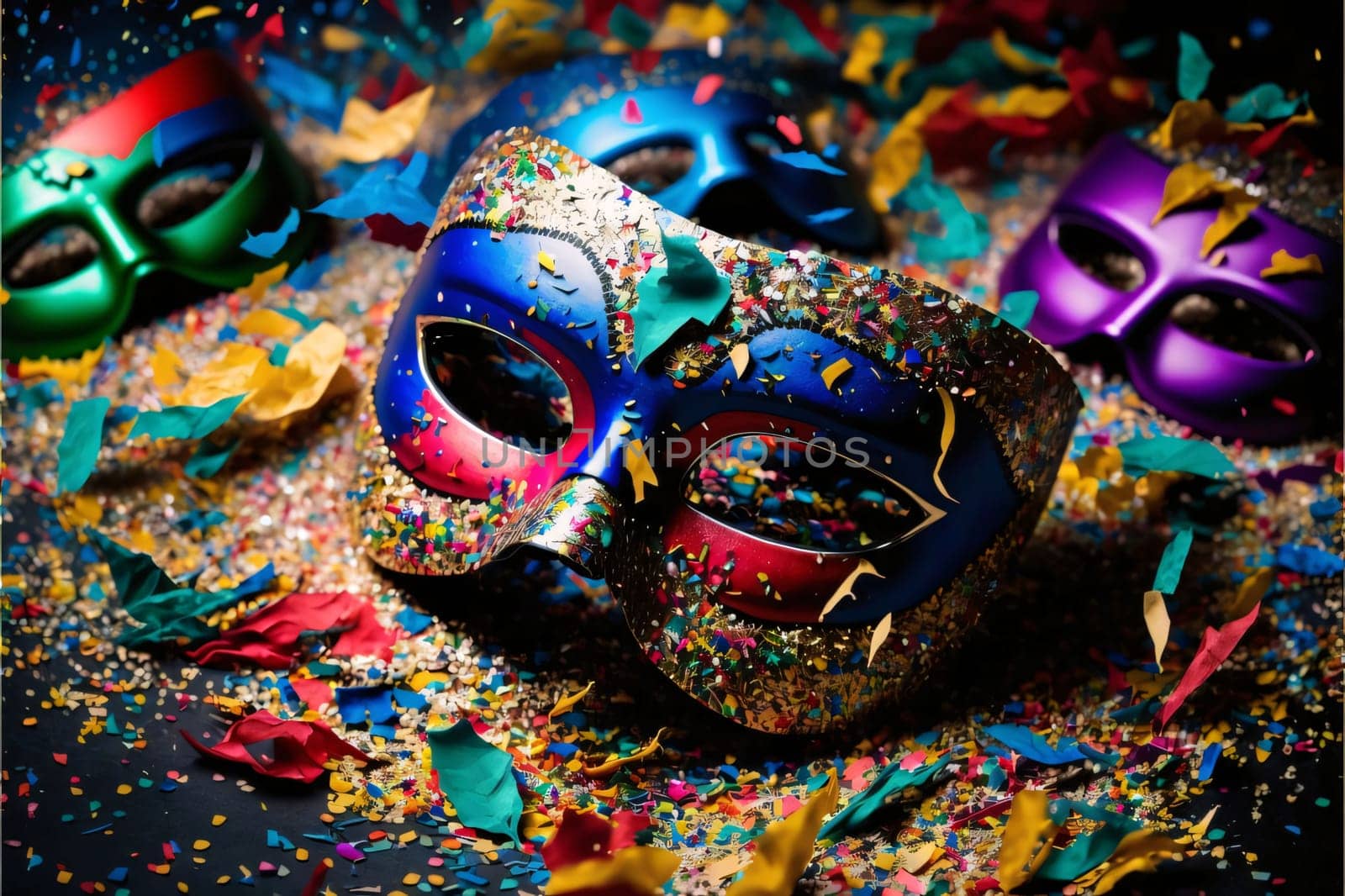 Mask with rich decorations and colorful streamers and confetti. Carnival costumes, masks and decorations. A time of fun and celebration before the fast.