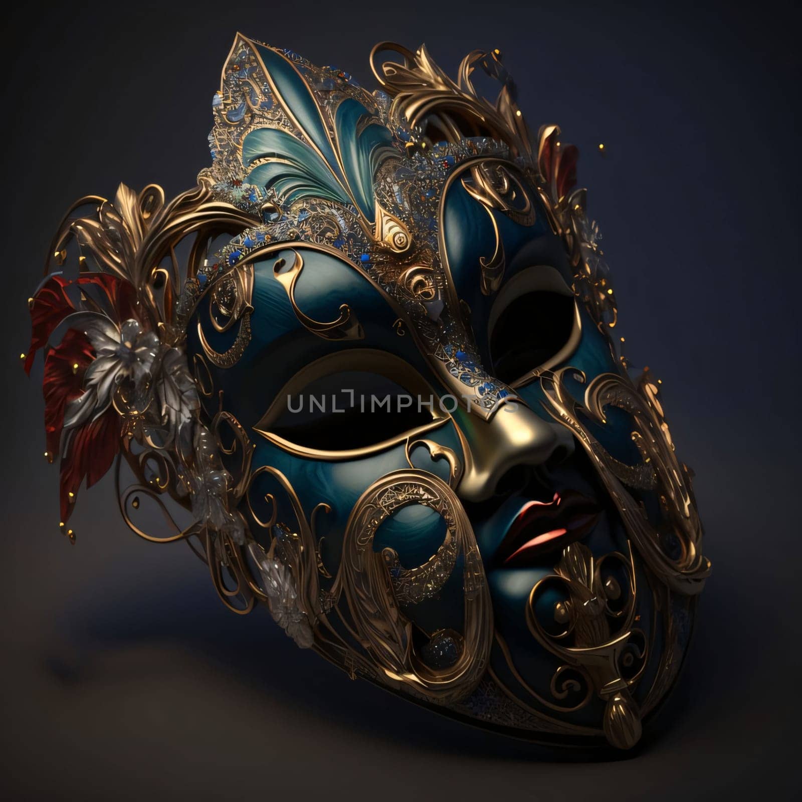 Dark carnival mask with gold ornaments on dark background. Carnival costumes, masks and decorations. A time of fun and celebration before the fast.