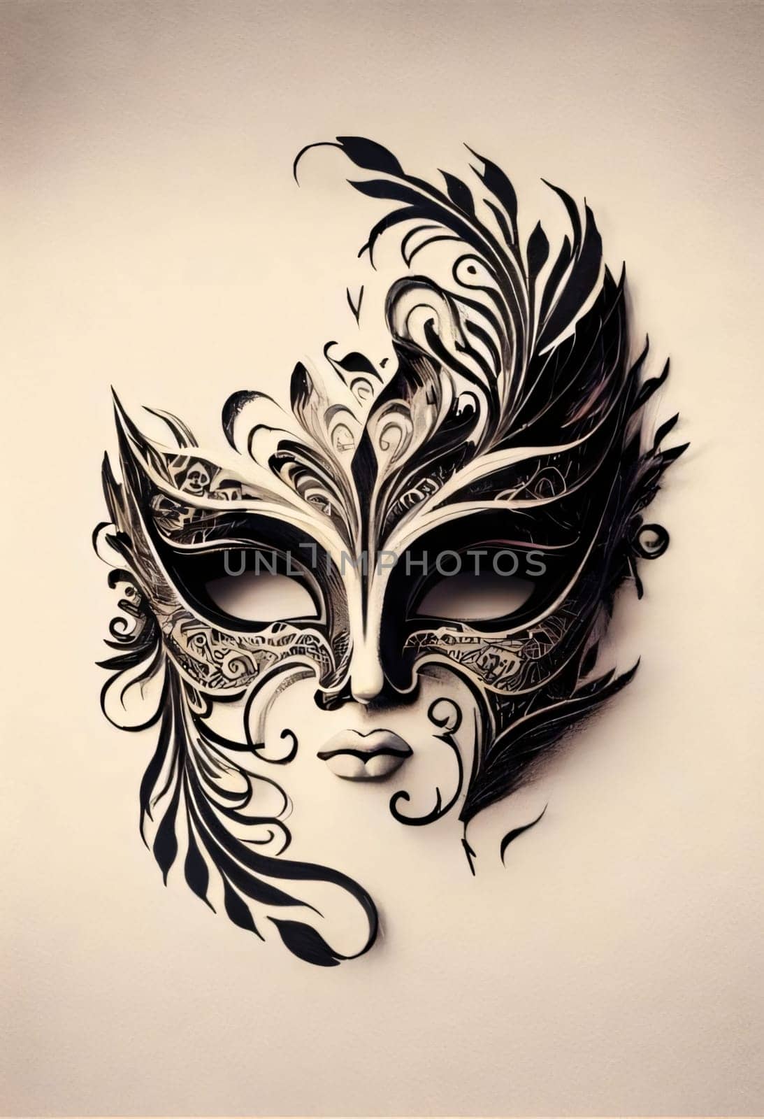 Abstract concept of Carnival mask entering leaves with mouth on bright background. Carnival outfits, masks and decorations. by ThemesS