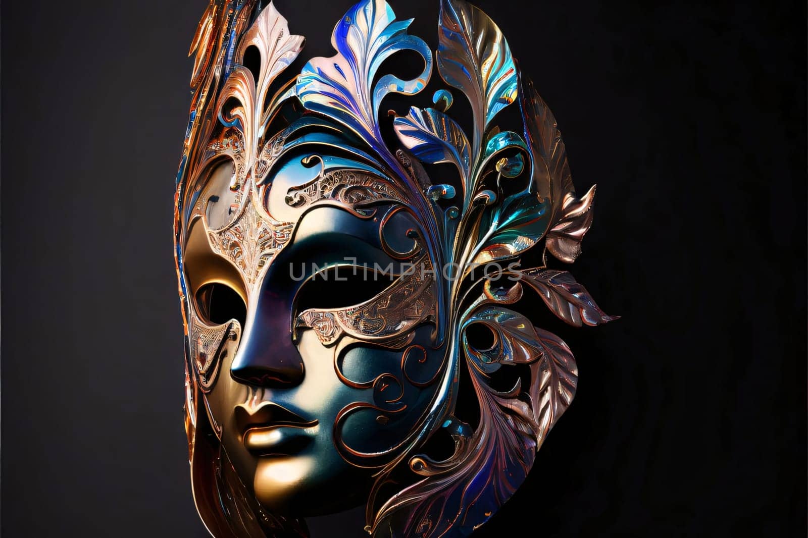 Side view of metal mask with decorations, black background. Carnival outfits, masks and decorations. A time of fun and celebration before the fast.