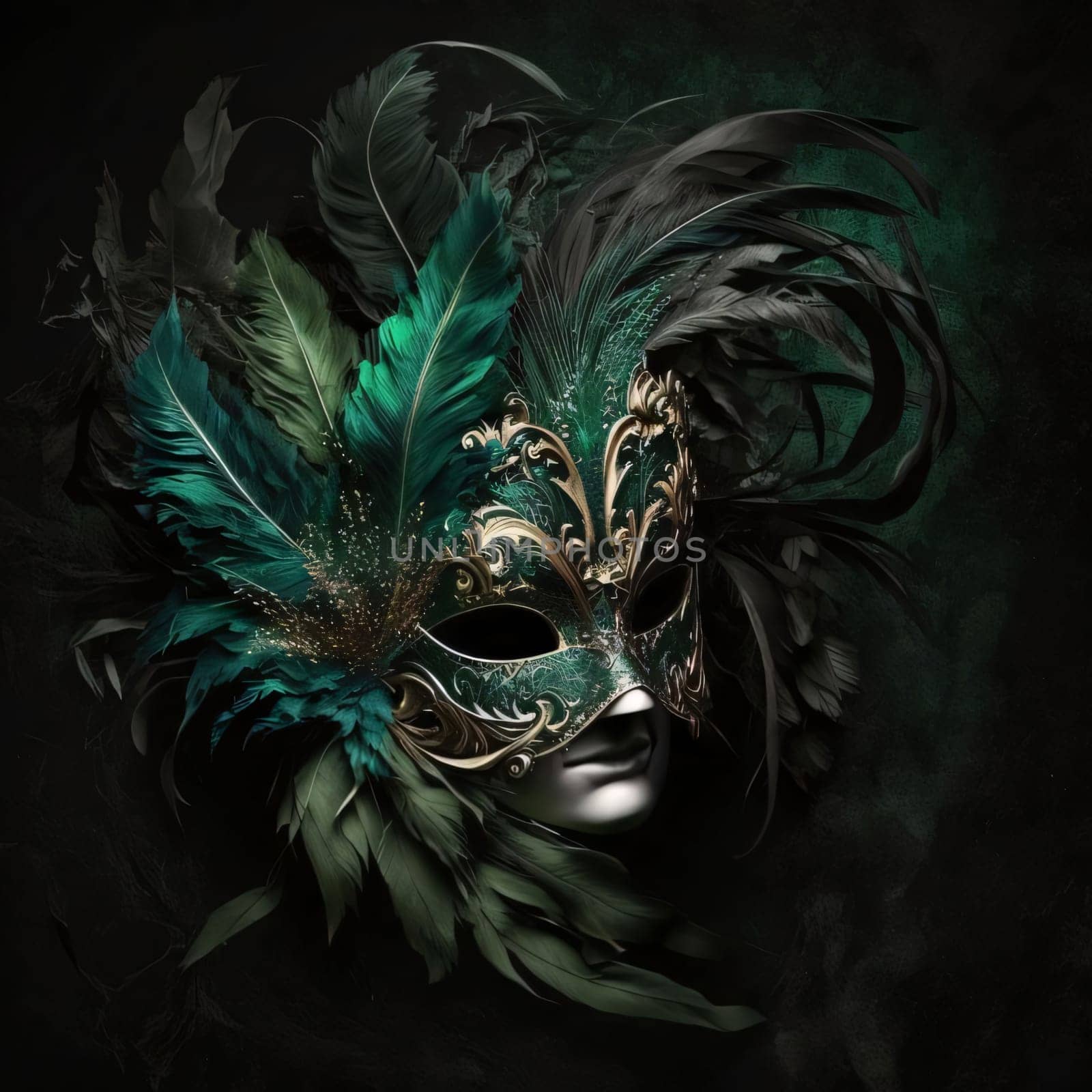 Mask with gold ornaments and black feathers on black background. Carnival outfits, masks and decorations. A time of fun and celebration before the fast.