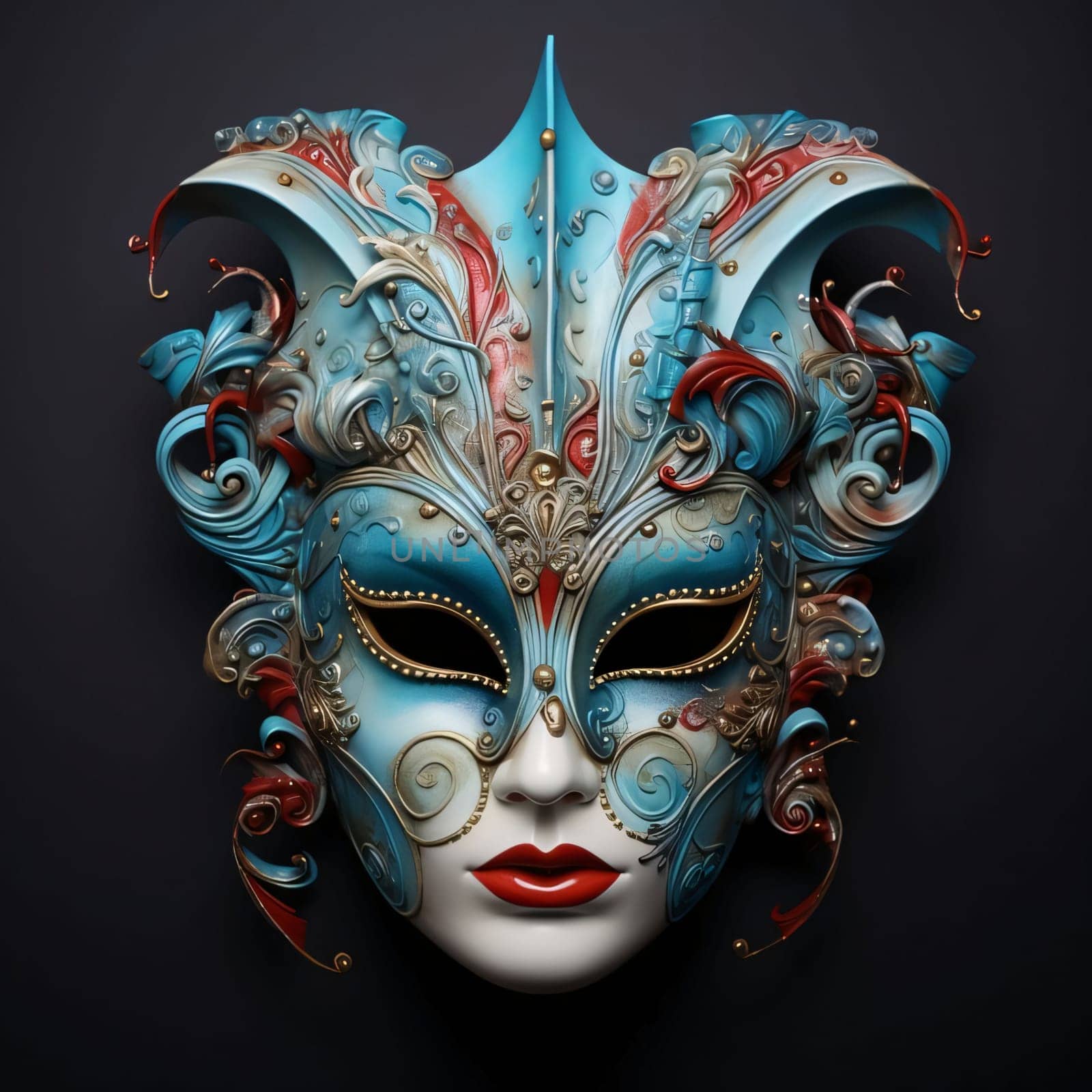Mask with rich blue red decorations on black background. Carnival outfits, masks and decorations. A time of fun and celebration before the fast.