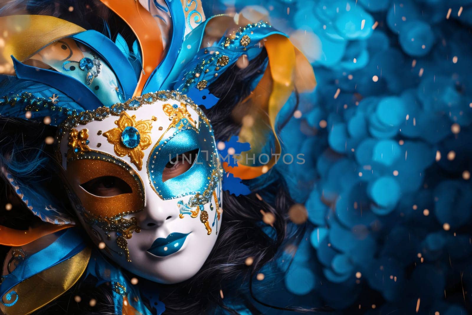 Carnival mask with orange blue decorations around blue confetti, banner space for your own content. Carnival outfits, masks and decorations. A time of fun and celebration before the fast.