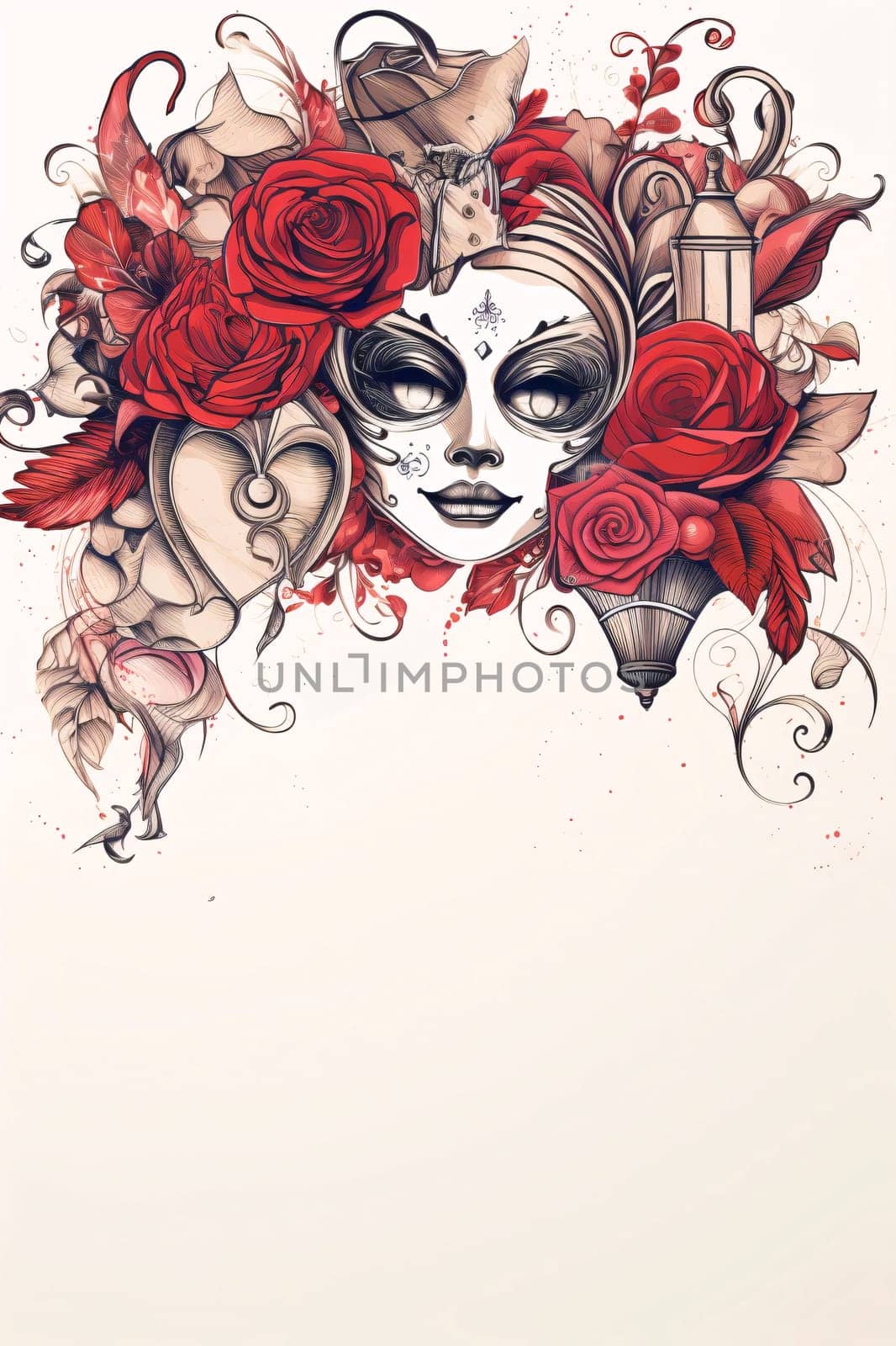 White blank card, frame with carnival decorations, mask, red roses. Carnival outfits, masks and decorations. A time of fun and celebration before the fast.