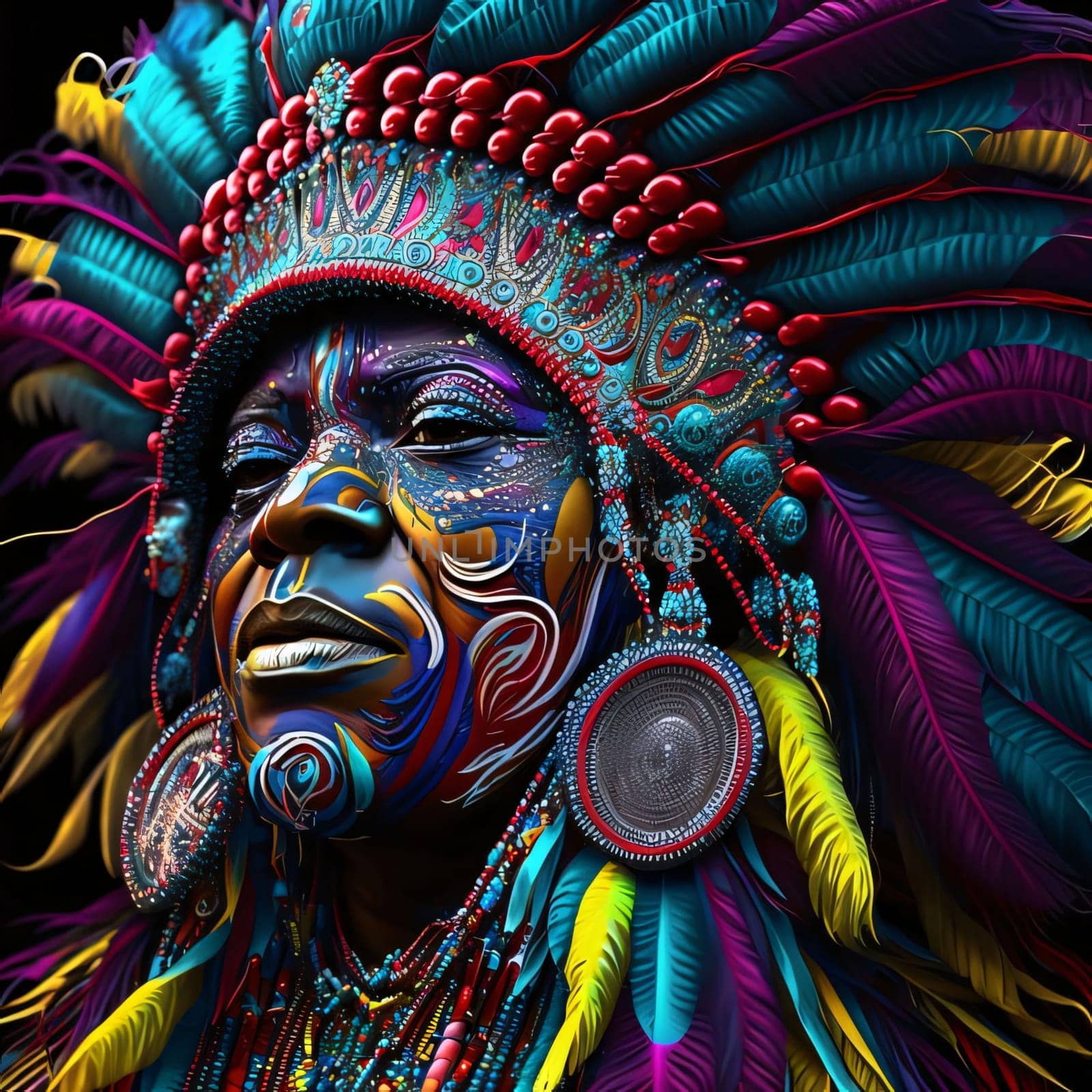 Painted colorfully rainbow decorated with feathers face of Indian chief, carnival costume. Carnival outfits, masks and decorations. A time of fun and celebration before the fast.