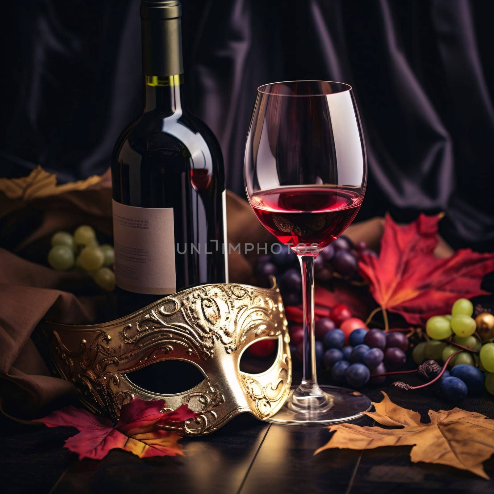 Table with grapes, wine, glass and gold carnival mask with decorations. Carnival outfits, masks and decorations. A time of fun and celebration before the fast.