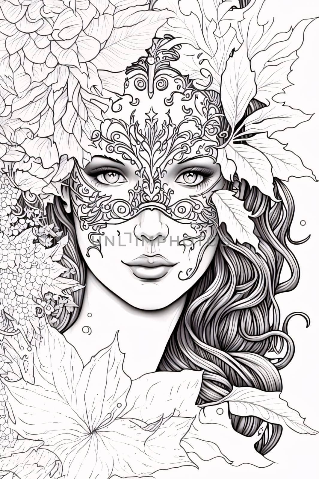 Black and white coloring sheet; girl in carnival mask, around leaves. Carnival outfits, masks and decorations. A time of fun and celebration before the fast.