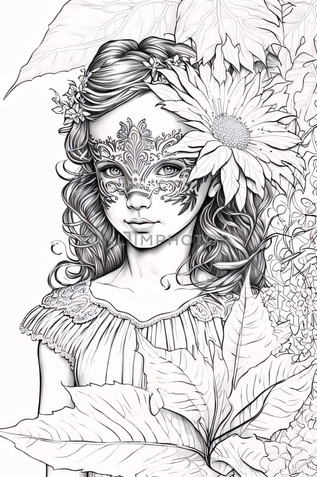 Black and white coloring sheet; girl in carnival mask, around leaves. Carnival outfits, masks and decorations. by ThemesS