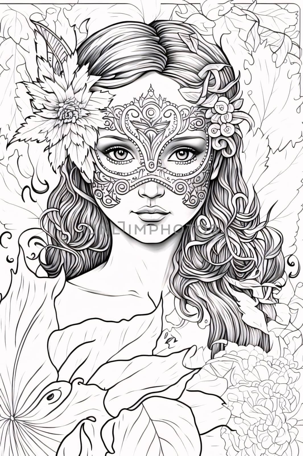 Black and white coloring sheet; girl in carnival mask, around leaves. Carnival outfits, masks and decorations. A time of fun and celebration before the fast.