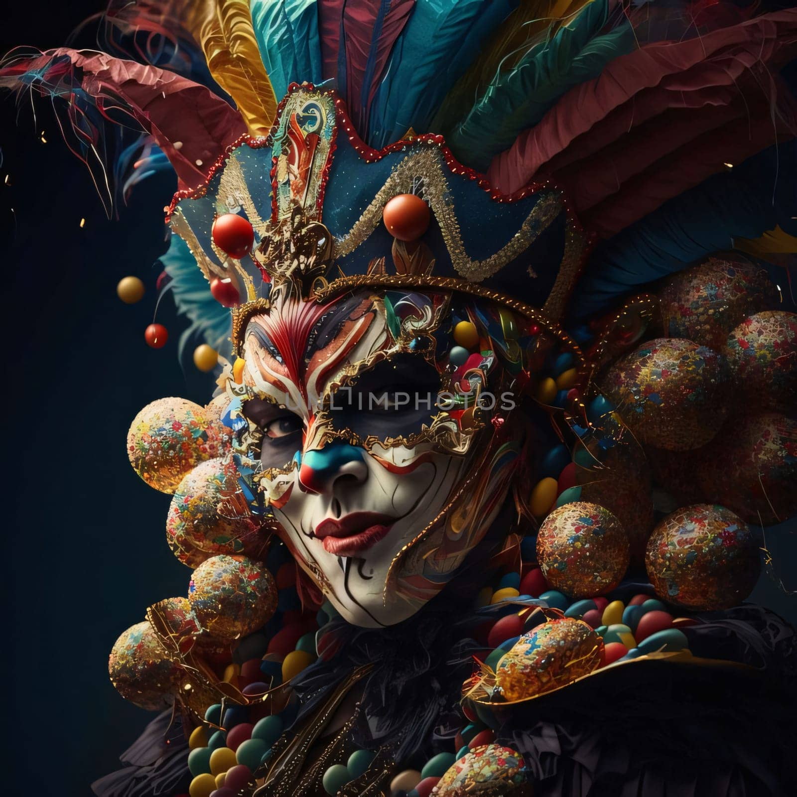A figure in a carnival costume with a large mask with rich decorations, balls and feathers. Carnival outfits, masks and decorations. A time of fun and celebration before the fast.
