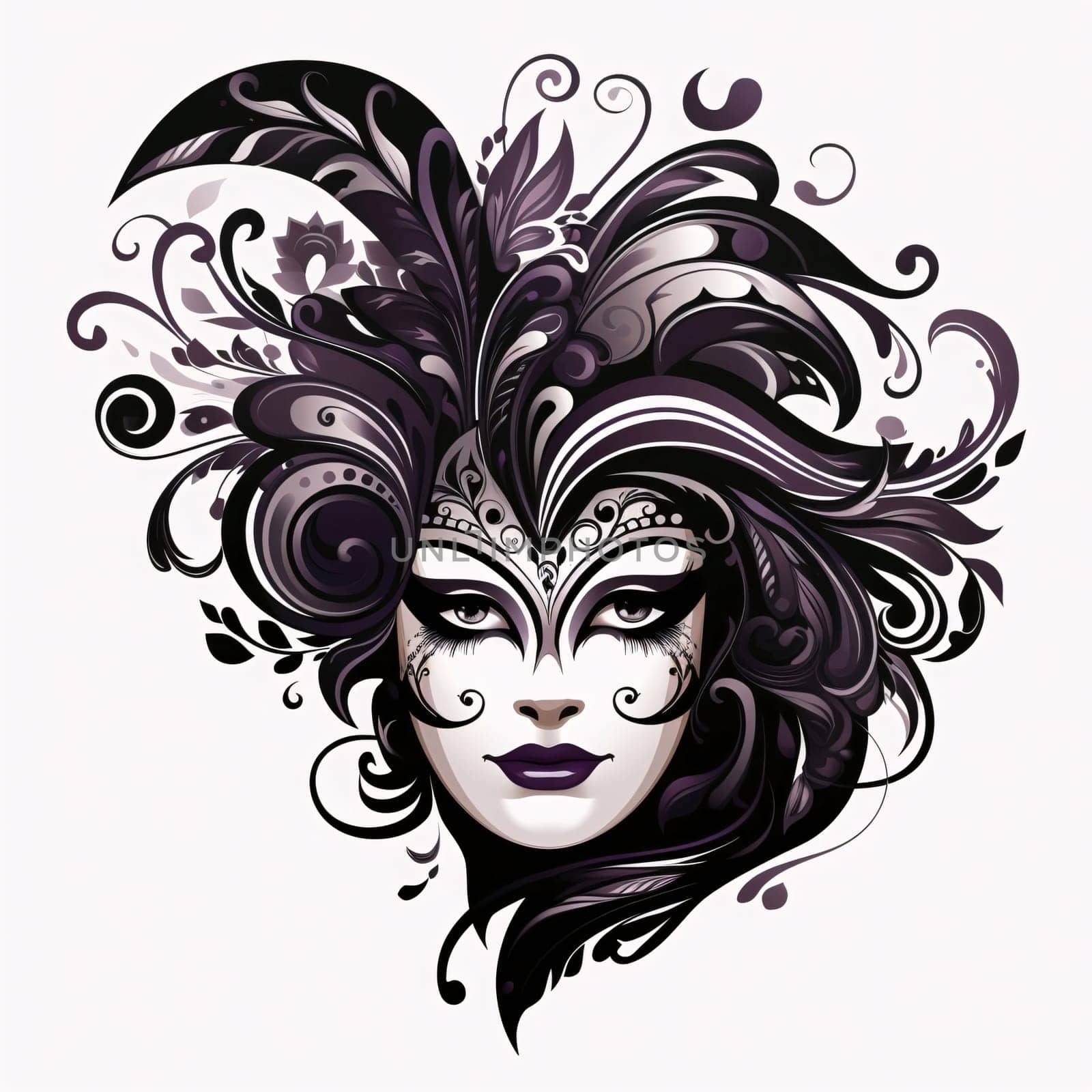 Black and white mask of a woman with rich carnival decorations on white isolated background. Carnival outfits, masks and decorations. A time of fun and celebration before the fast.