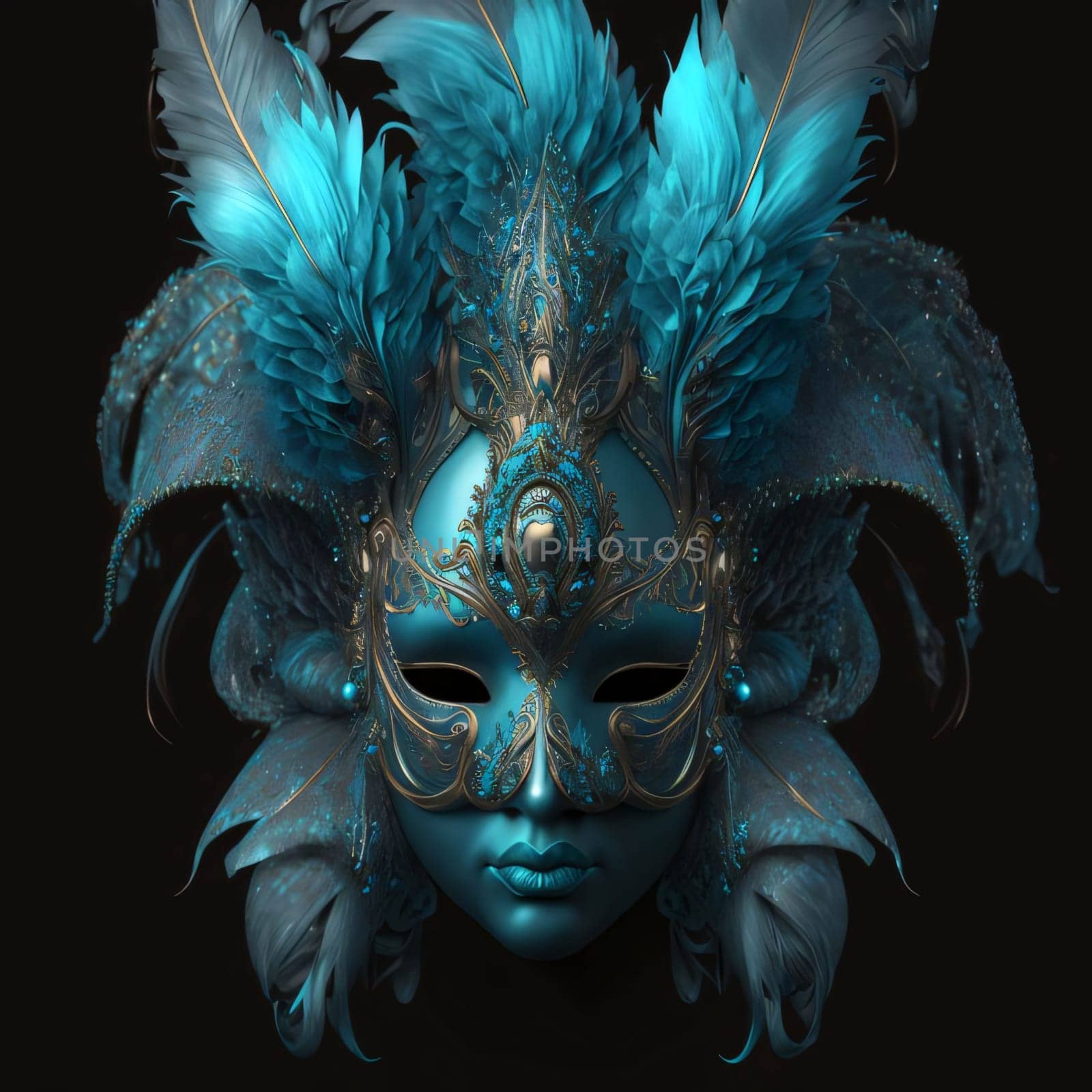 Carnival mask with gold ornaments and blue feathers on black background. Carnival outfits, masks and decorations. A time of fun and celebration before the fast.