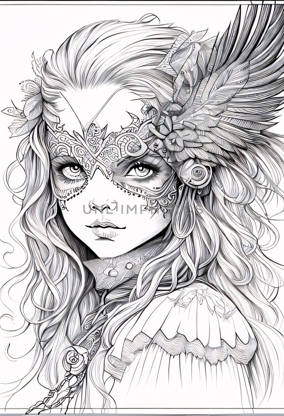 Black and white coloring sheet of a girl in a carnival mask. Carnival outfits, masks and decorations. by ThemesS