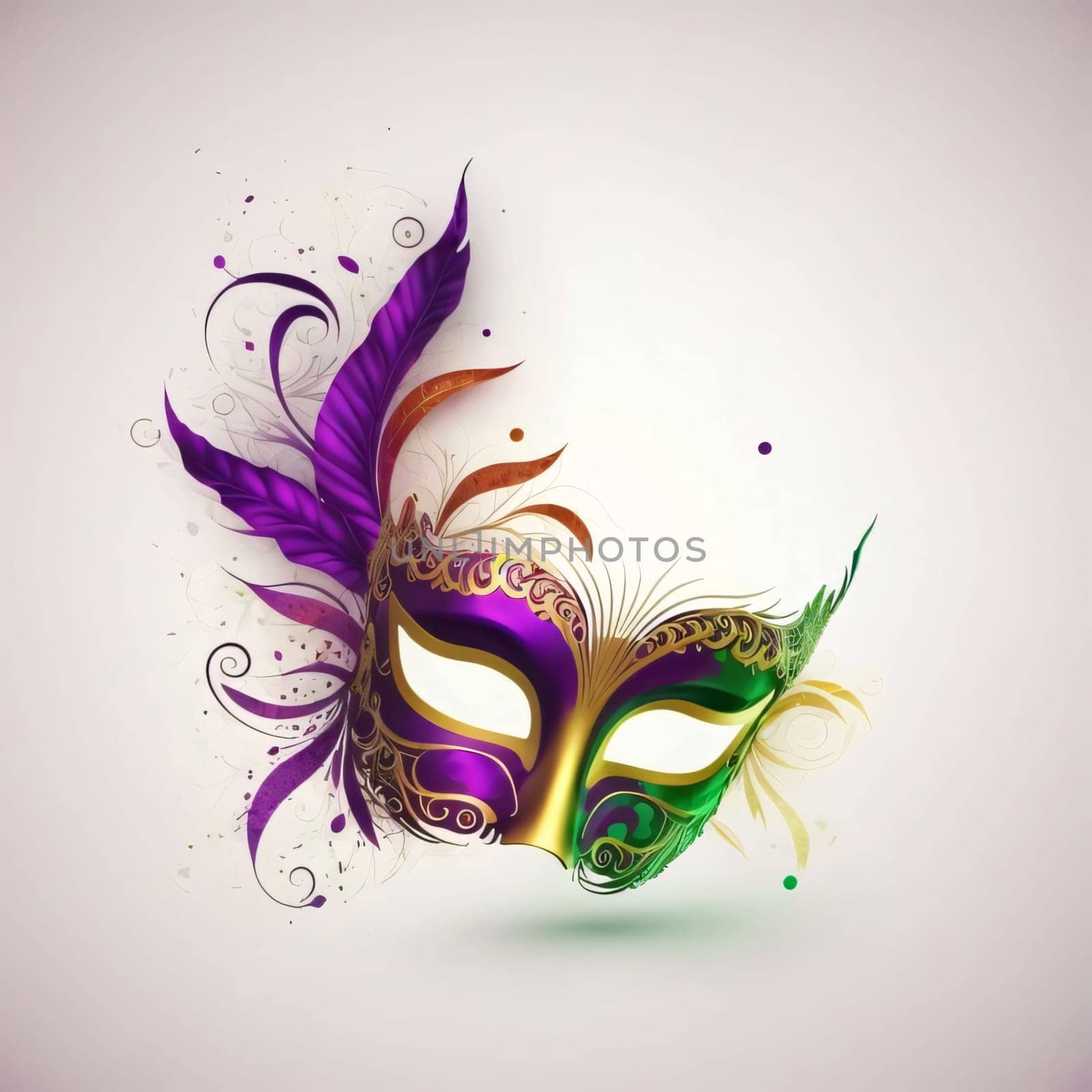 Gold purple eye mask with ornaments and feathers white background. Carnival outfits, masks and decorations. A time of fun and celebration before the fast.