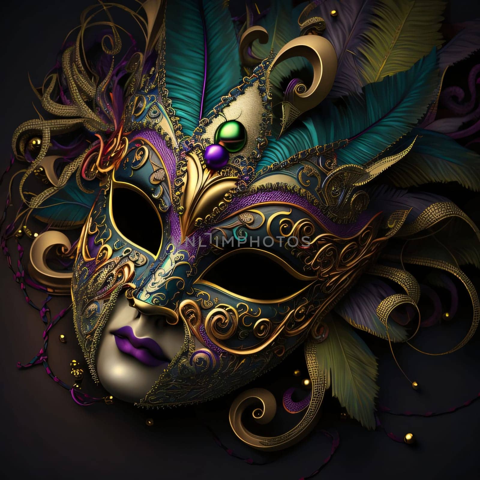 Carnival mask, feminine with gold decorations. Carnival outfits, masks and decorations. A time of fun and celebration before the fast.
