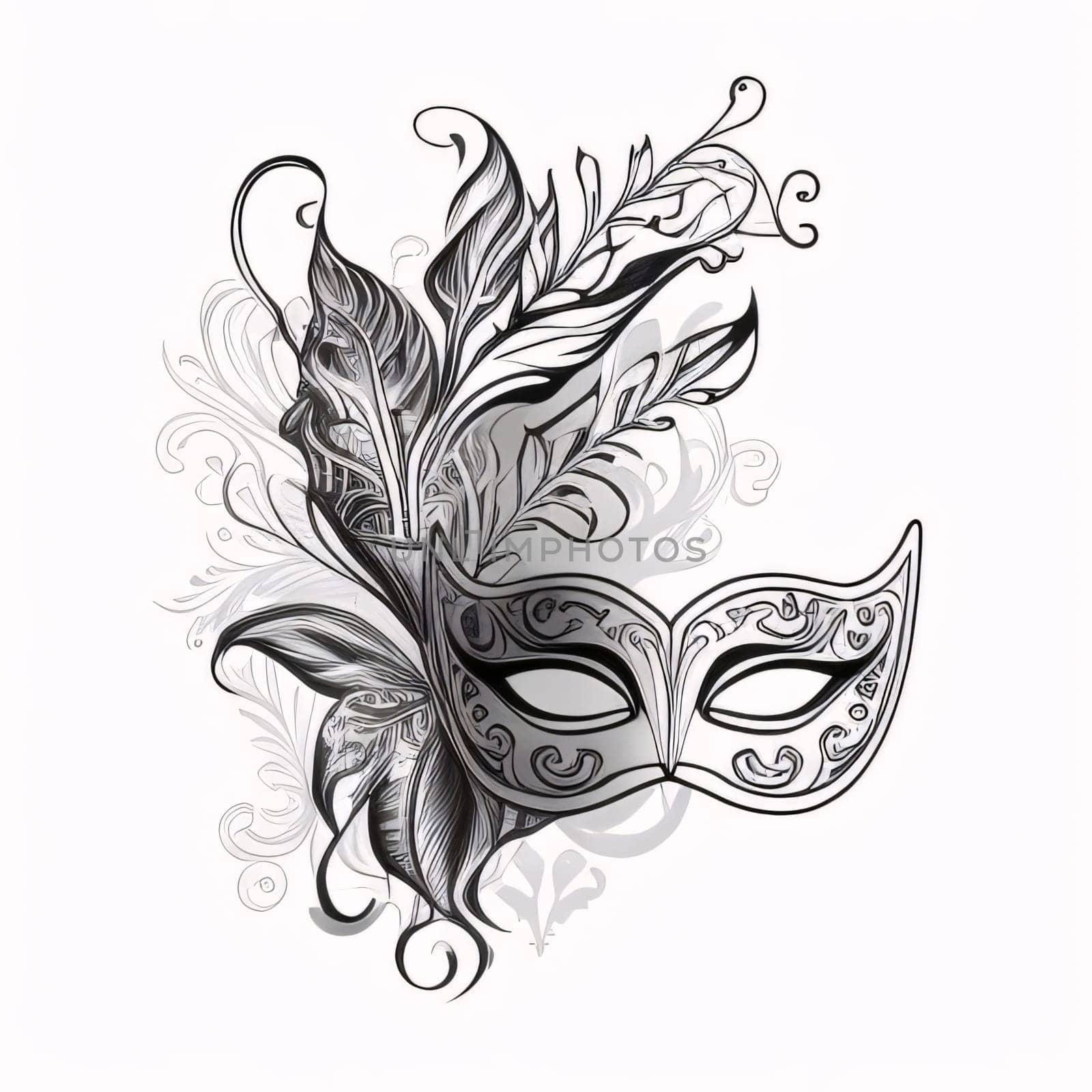 Black and White eye mask decorated with twigs with leaves. Carnival outfits, masks and decorations. A time of fun and celebration before the fast.