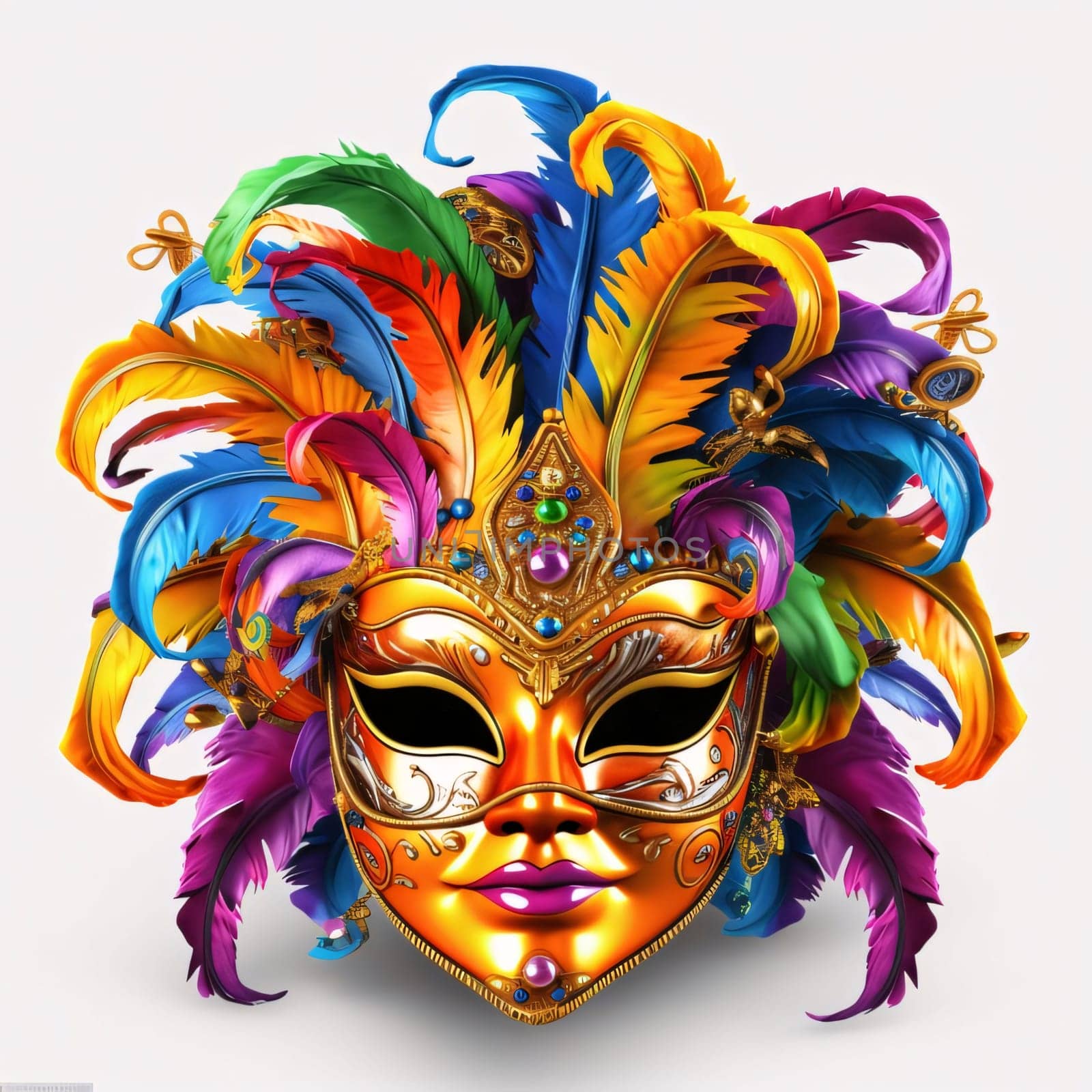 Gold carnival mask with colorful rainbow decorations, feathers on white isolated background. Carnival outfits, masks and decorations. A time of fun and celebration before the fast.