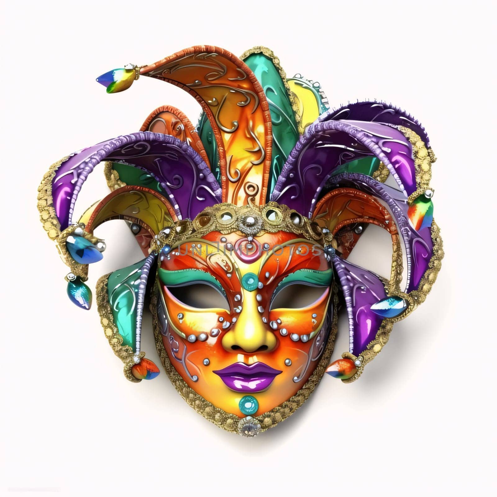 Gold carnival mask with colorful rainbow decorations, feathers on white isolated background. Carnival outfits, masks and decorations. A time of fun and celebration before the fast.