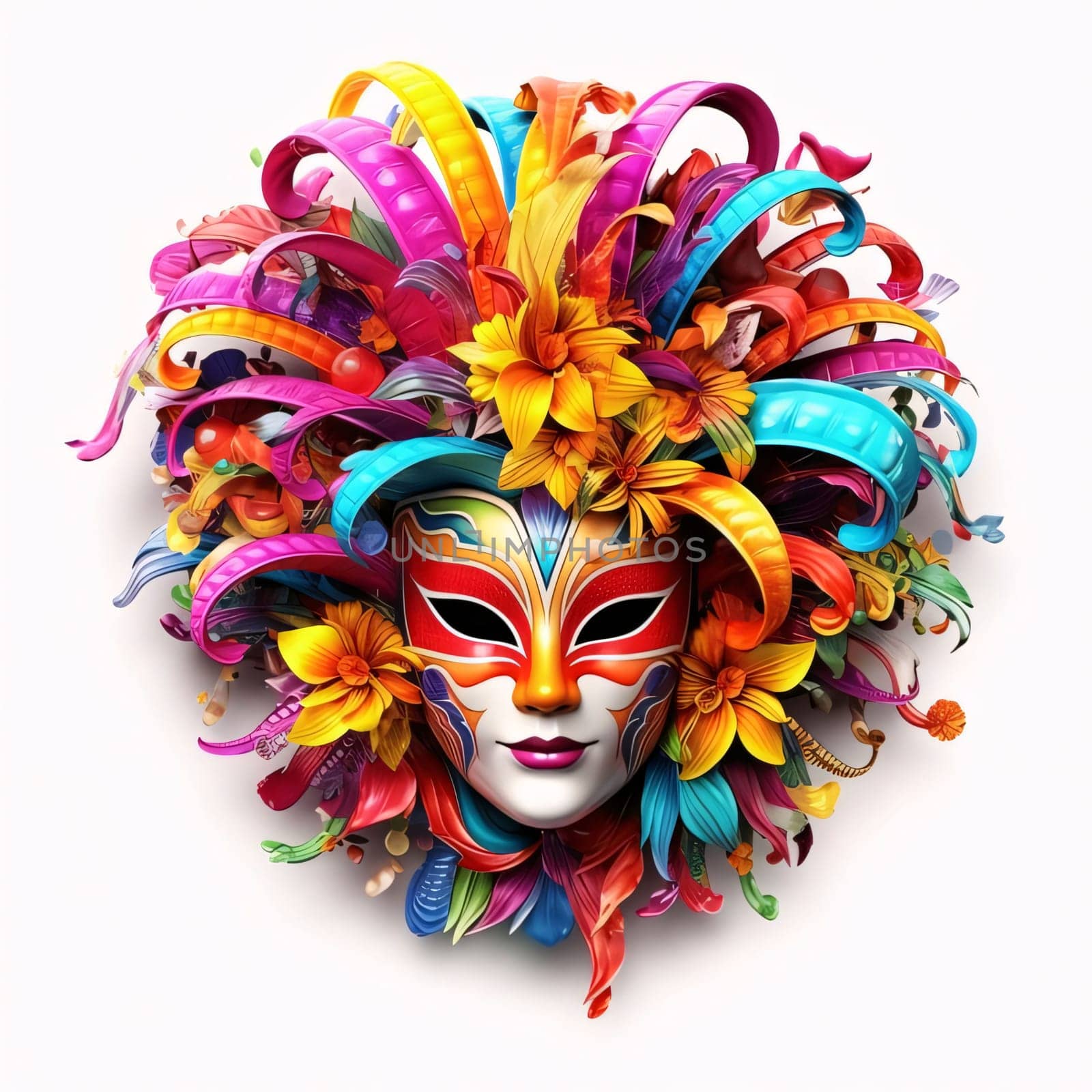 Gold carnival mask with colorful rainbow decorations, feathers on white isolated background. Carnival outfits, masks and decorations. A time of fun and celebration before the fast.