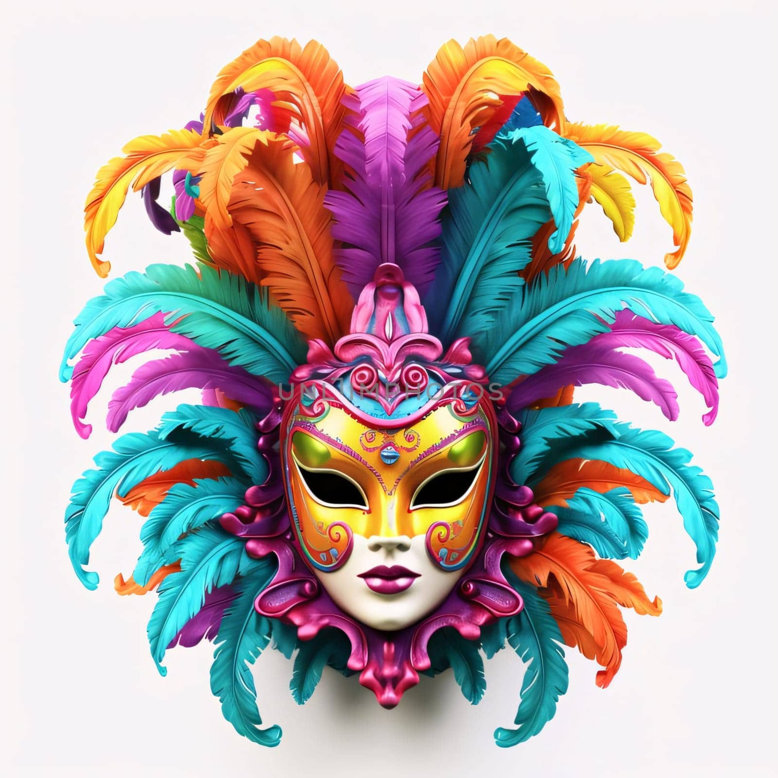 Gold carnival mask with colorful rainbow decorations, feathers on white isolated background. Carnival outfits, masks and decorations. A time of fun and celebration before the fast.