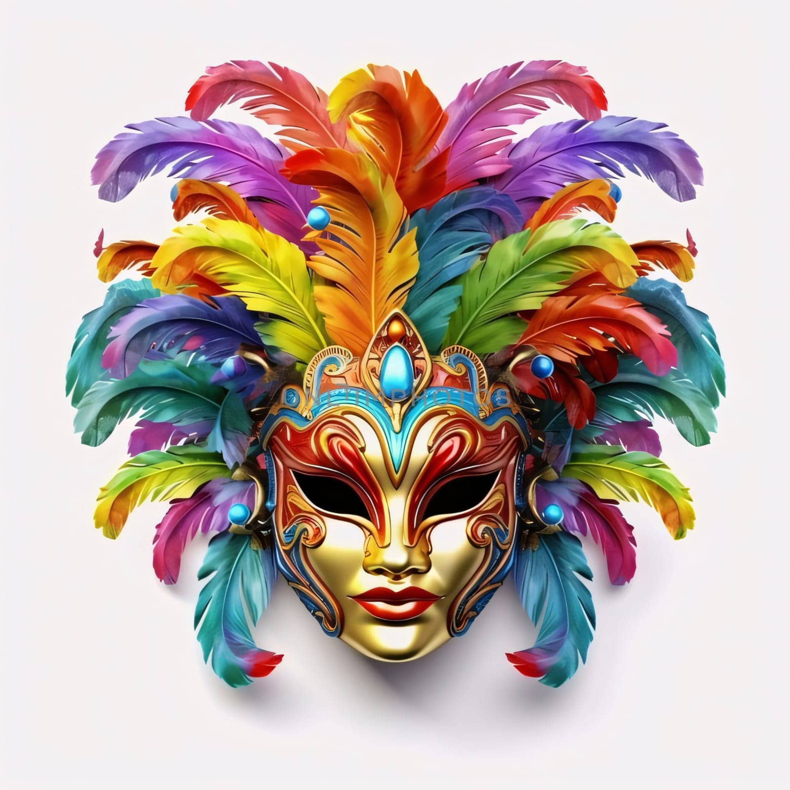 Gold carnival mask with colorful rainbow decorations, feathers on white isolated background. Carnival outfits, masks and decorations. A time of fun and celebration before the fast.