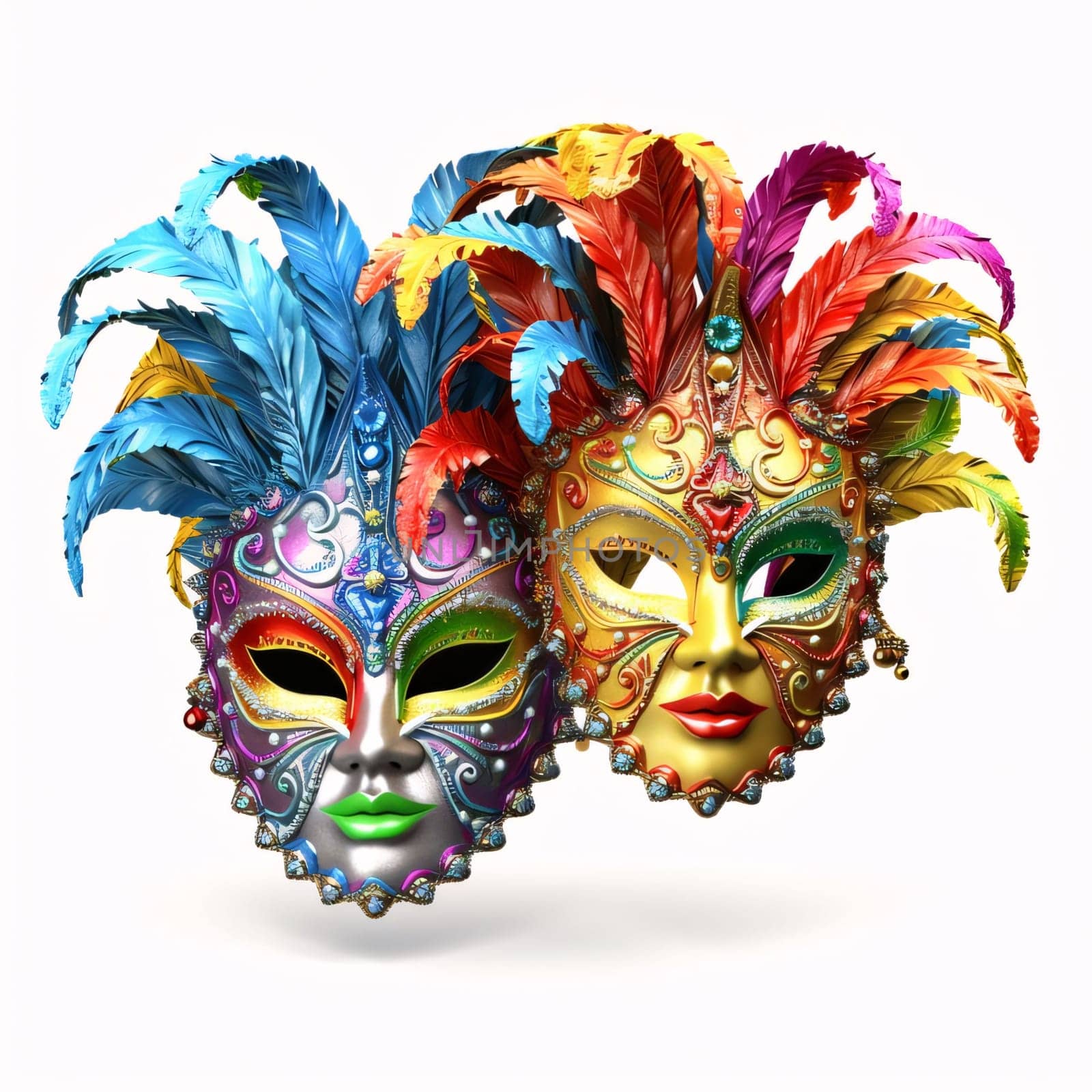 Gold carnival masks with colorful rainbow decorations, feathers on white isolated background. Carnival outfits, masks and decorations. A time of fun and celebration before the fast.