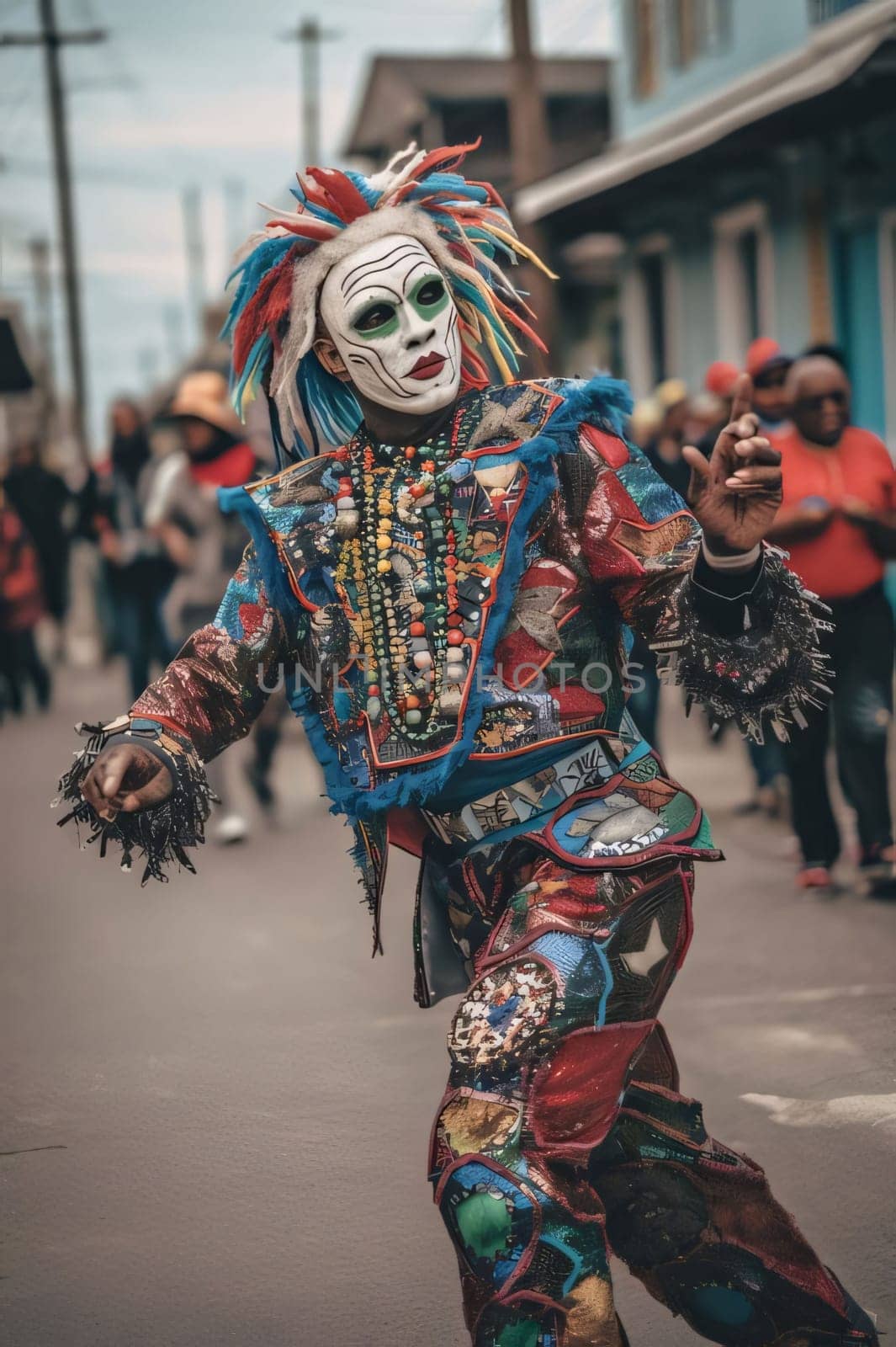 A man in painted and decorated colorful costume on the street during the carnival. Carnival outfits, masks and decorations. A time of fun and celebration before the fast.