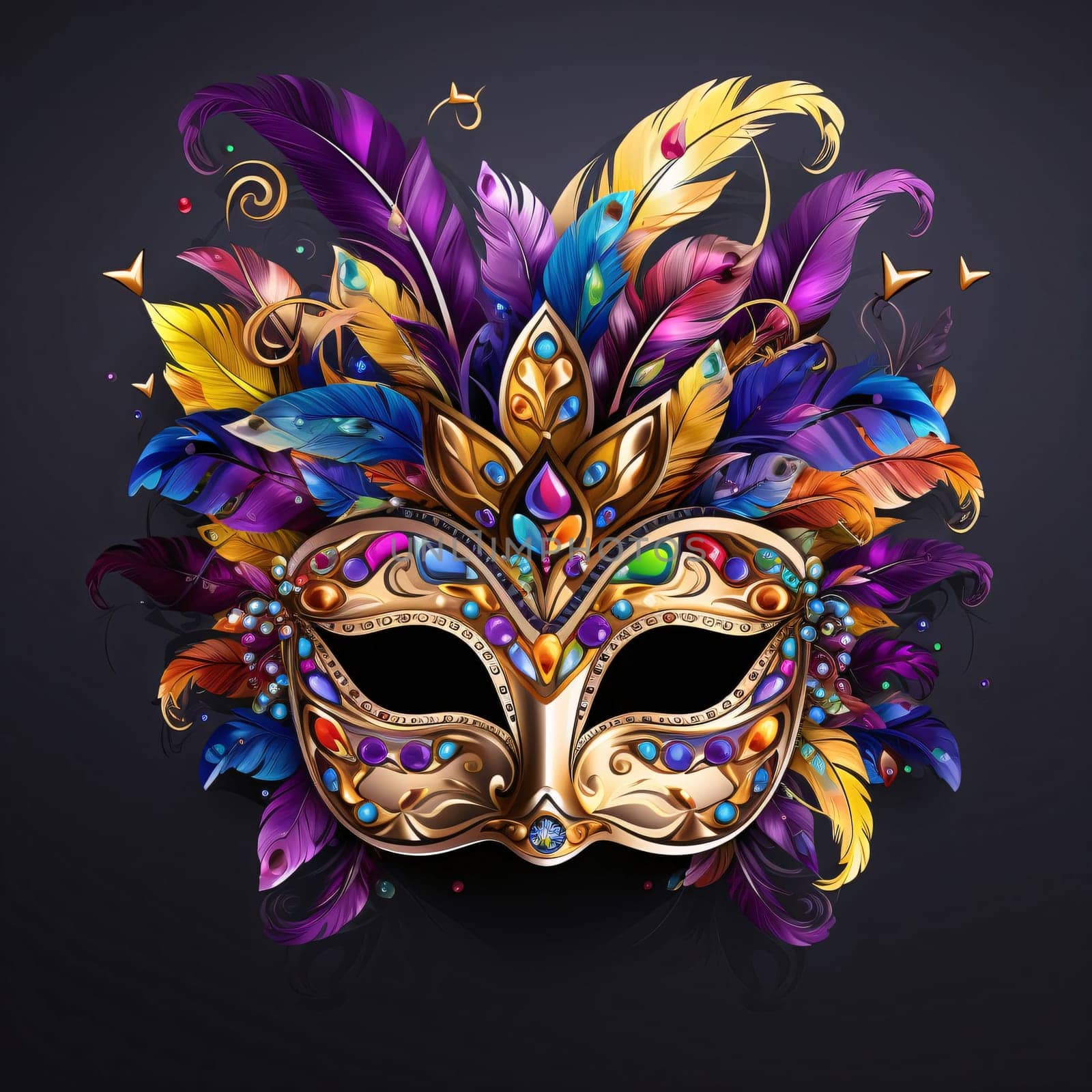 Gold eye mask with colorful decorations and feathers on a dark background. Carnival outfits, masks and decorations. A time of fun and celebration before the fast.