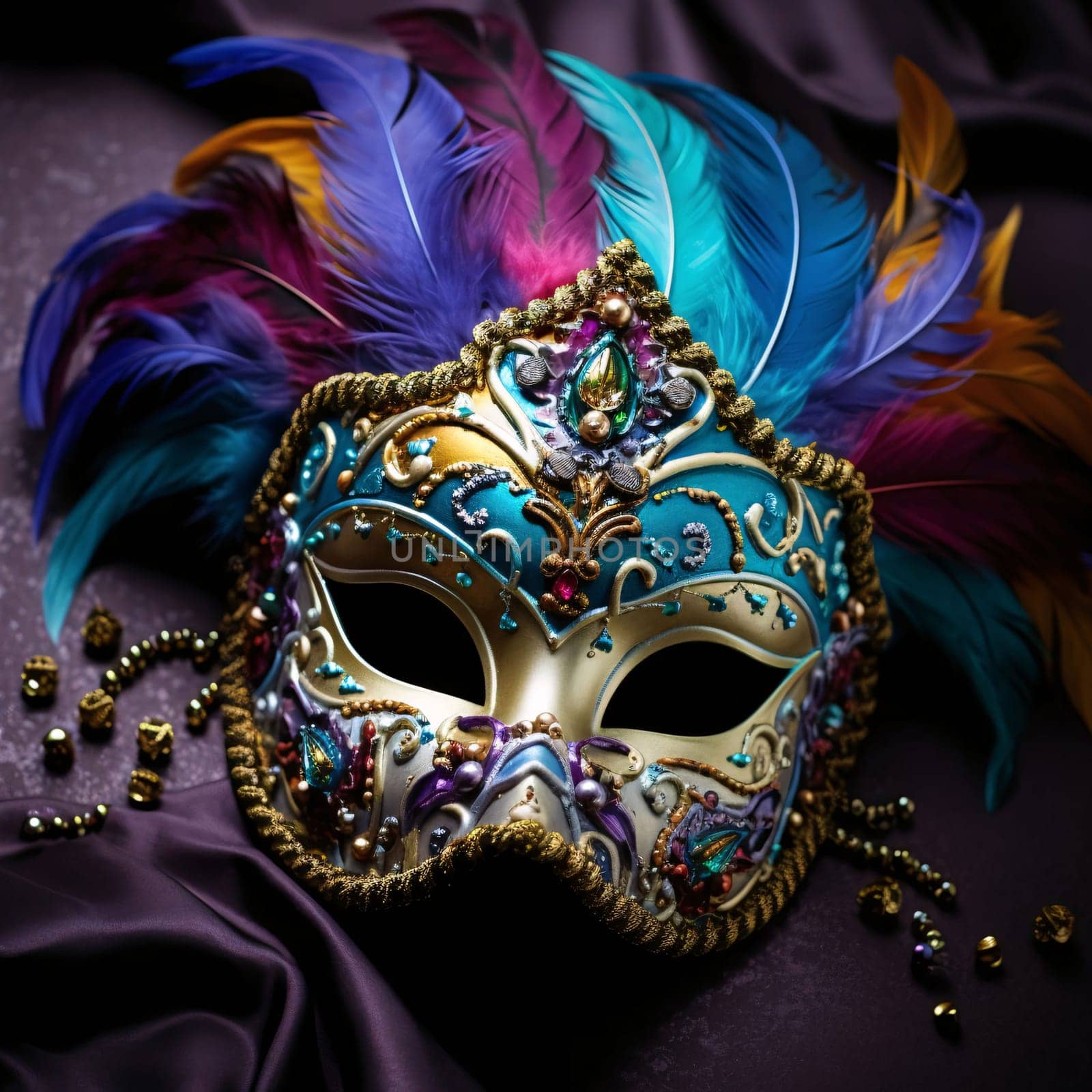 Gold eye mask with colorful decorations and feathers on a dark background. Carnival outfits, masks and decorations. A time of fun and celebration before the fast.