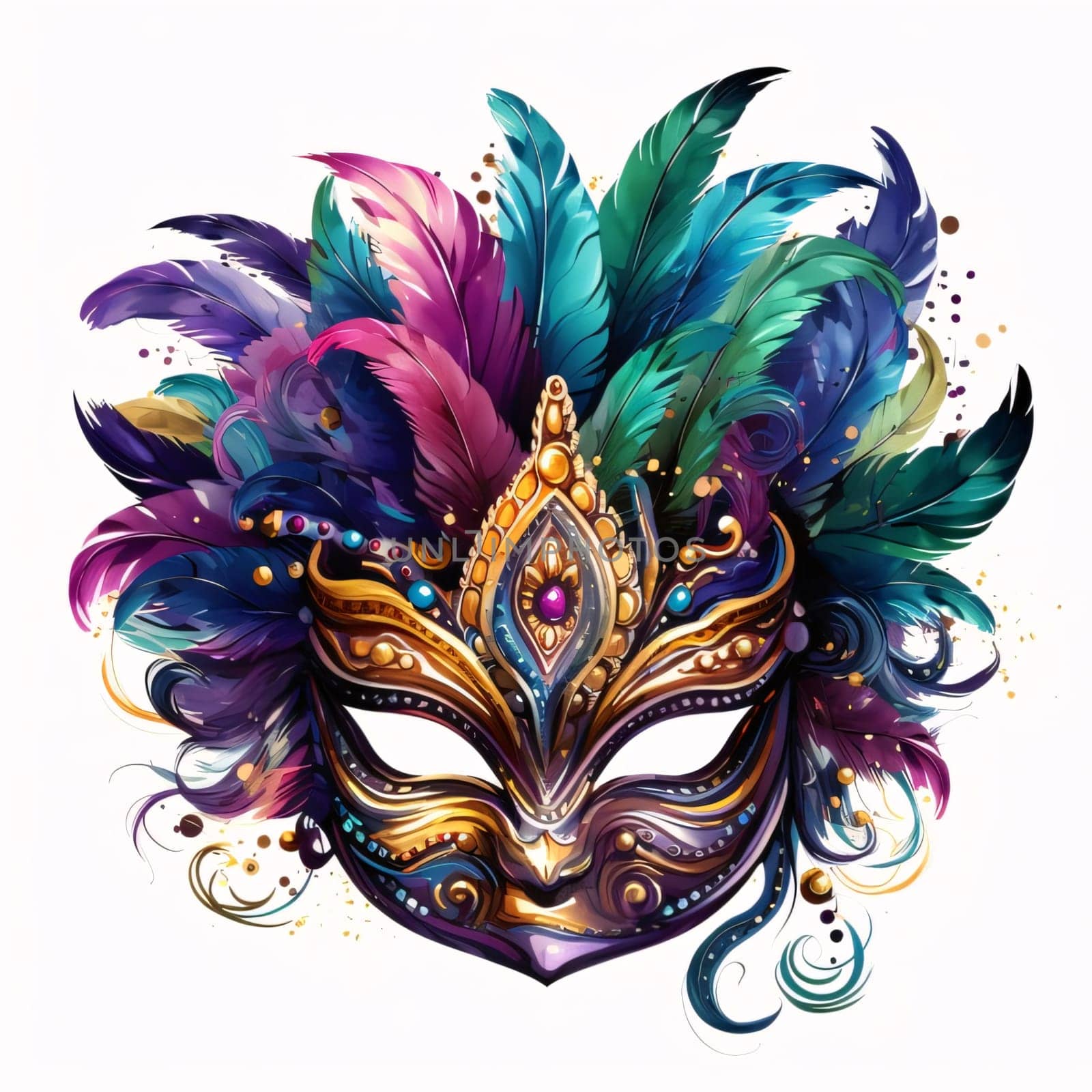 Gold eye mask with colorful decorations and feathers on a white background. Carnival outfits, masks and decorations. A time of fun and celebration before the fast.