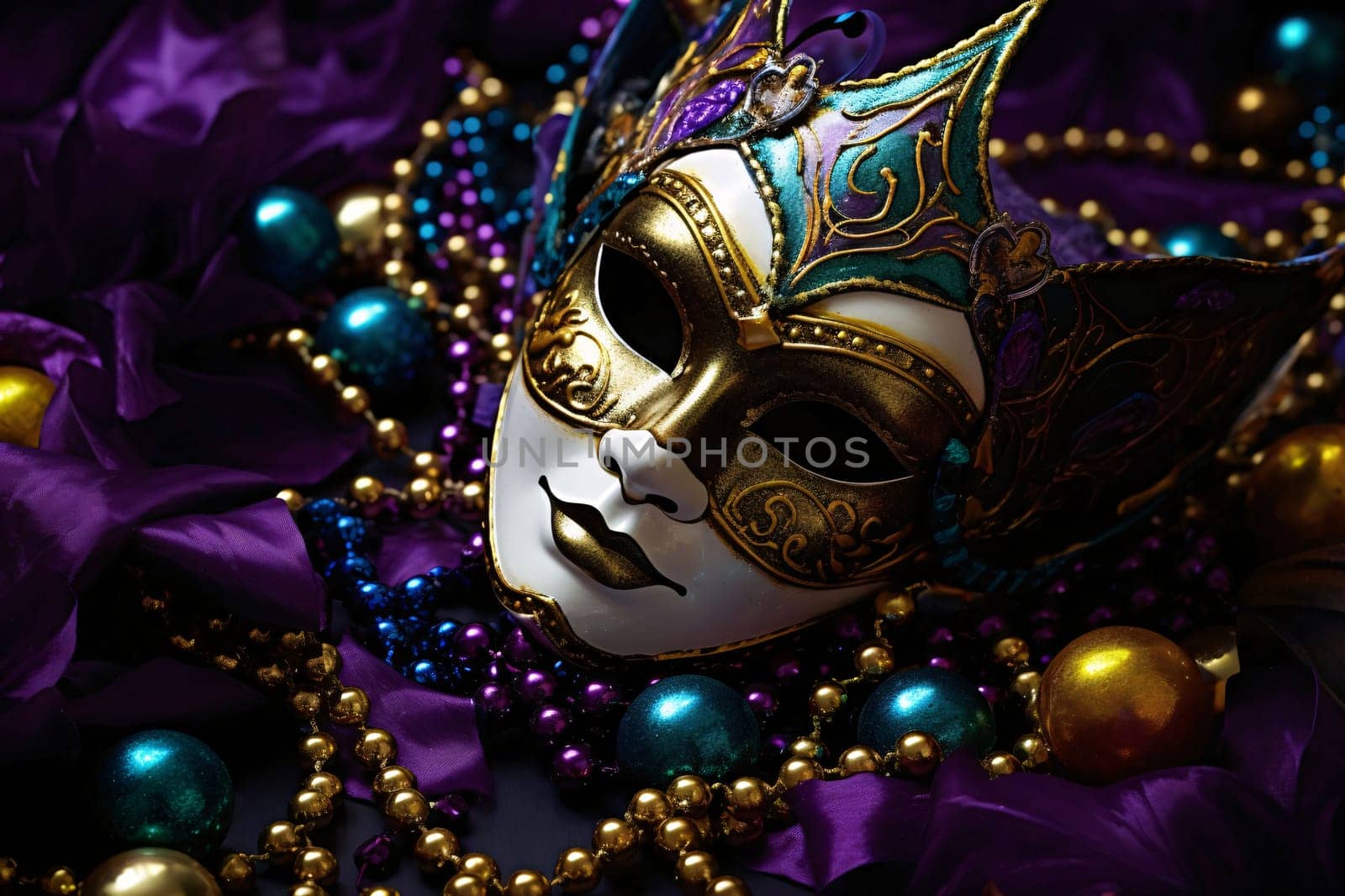 Carnival gold mask with rich decorations, colorful feathers, beads. Carnival outfits, masks and decorations. A time of fun and celebration before the fast.