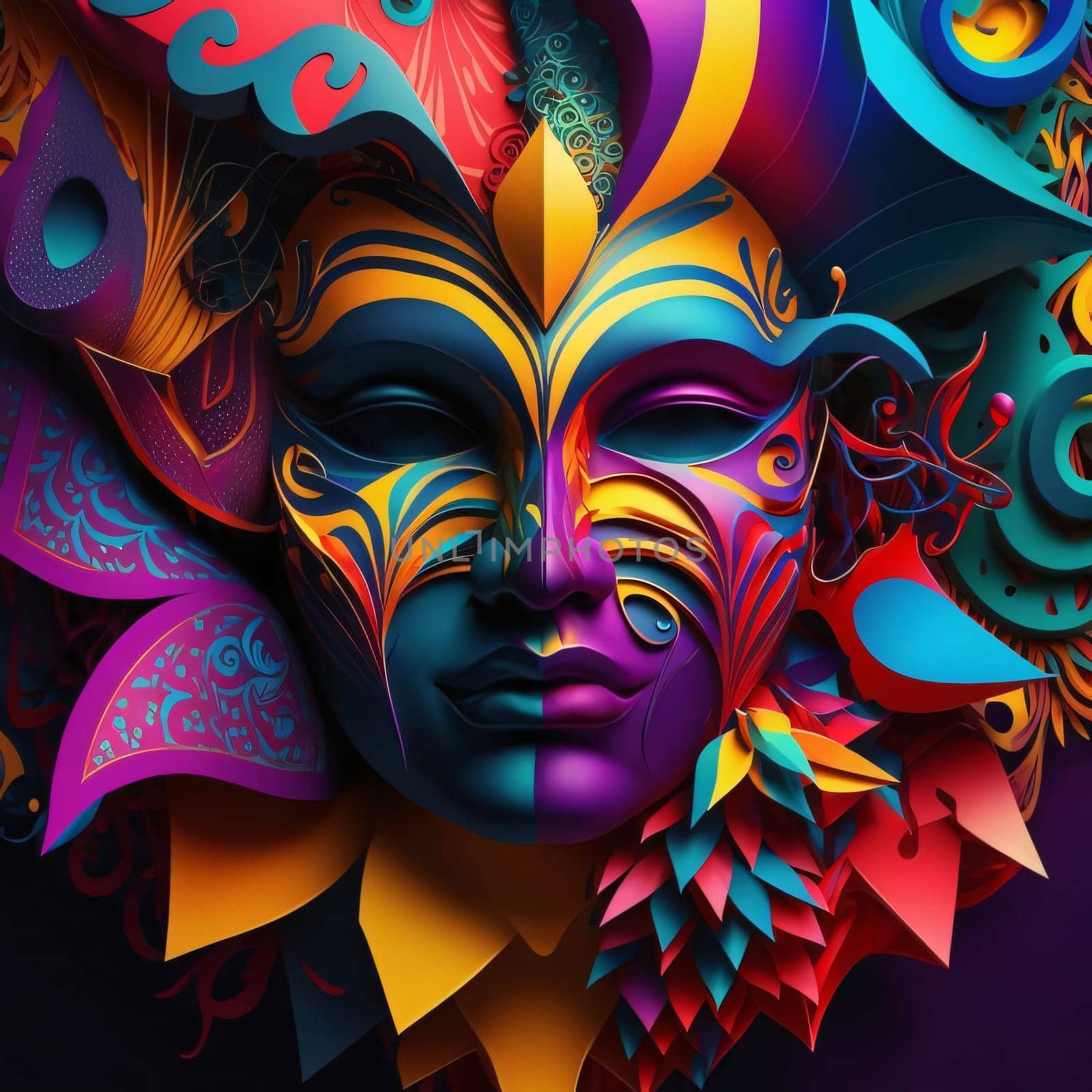 Illustration, colorful mask. Geometric, abstract decorations constructions. Carnival outfits, masks and decorations. A time of fun and celebration before the fast.