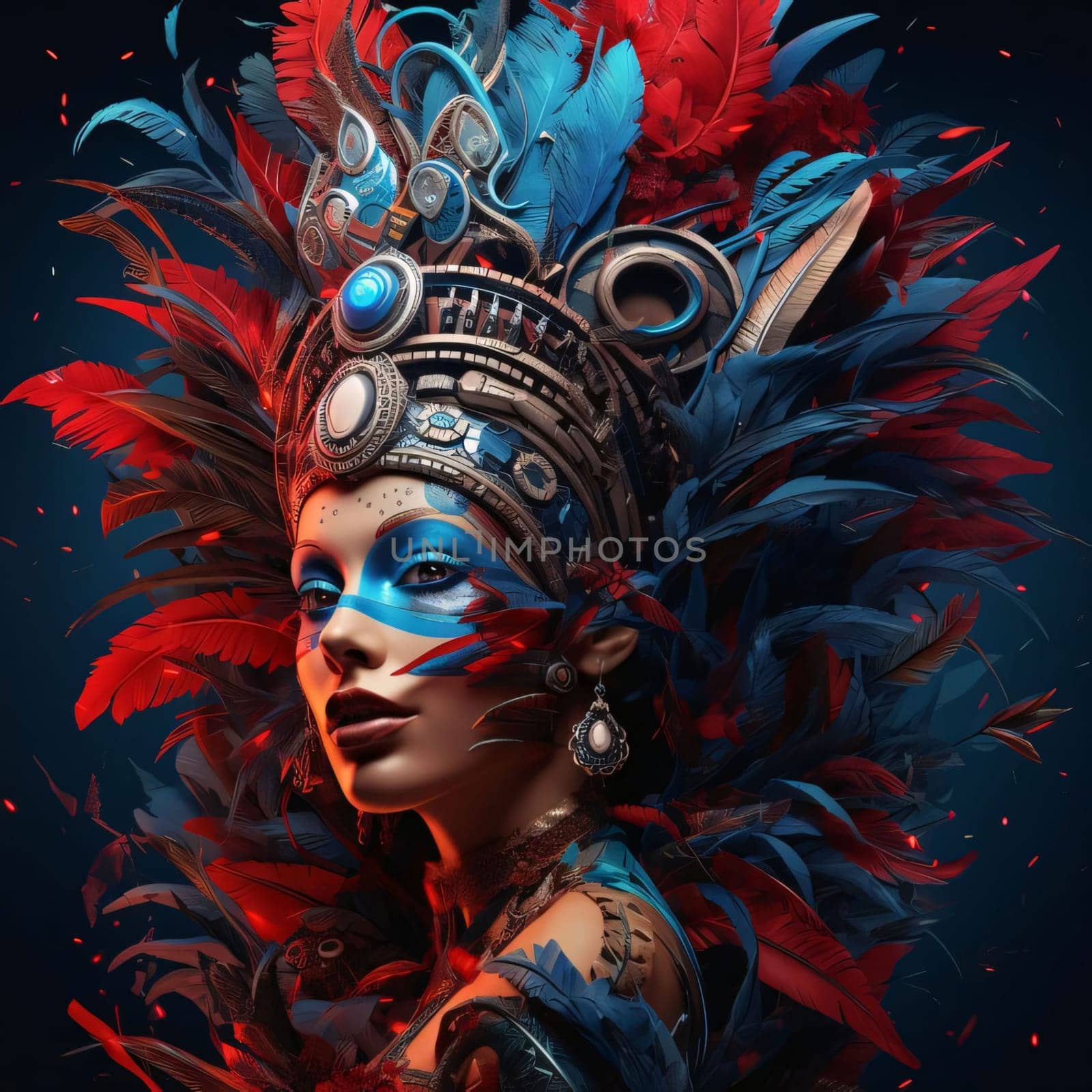 Illustration of a woman in a carnival costume. With Red blue feathers. Carnival outfits, masks and decorations. A time of fun and celebration before the fast.