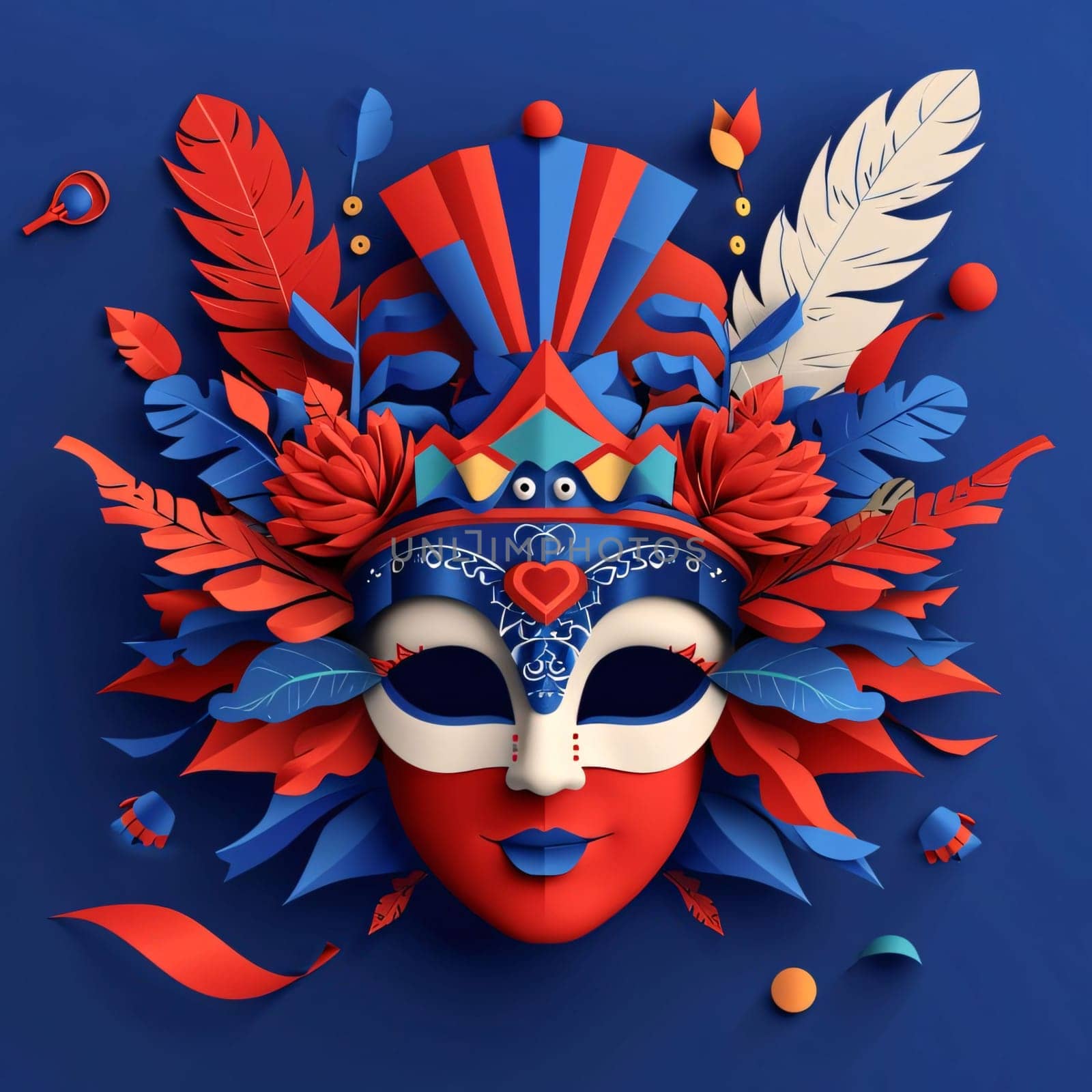 Red white and blue carnival mask concept. Carnival outfits, masks and decorations. A time of fun and celebration before the fast.