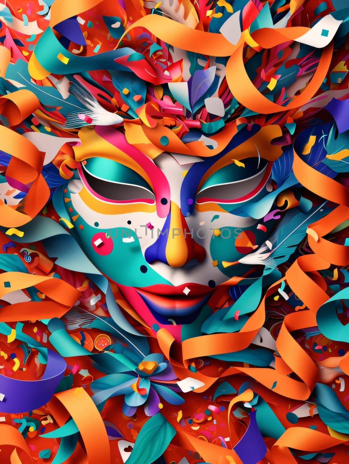 Carnival mask around colorful streamers confetti decorations. Carnival outfits, masks and decorations. by ThemesS