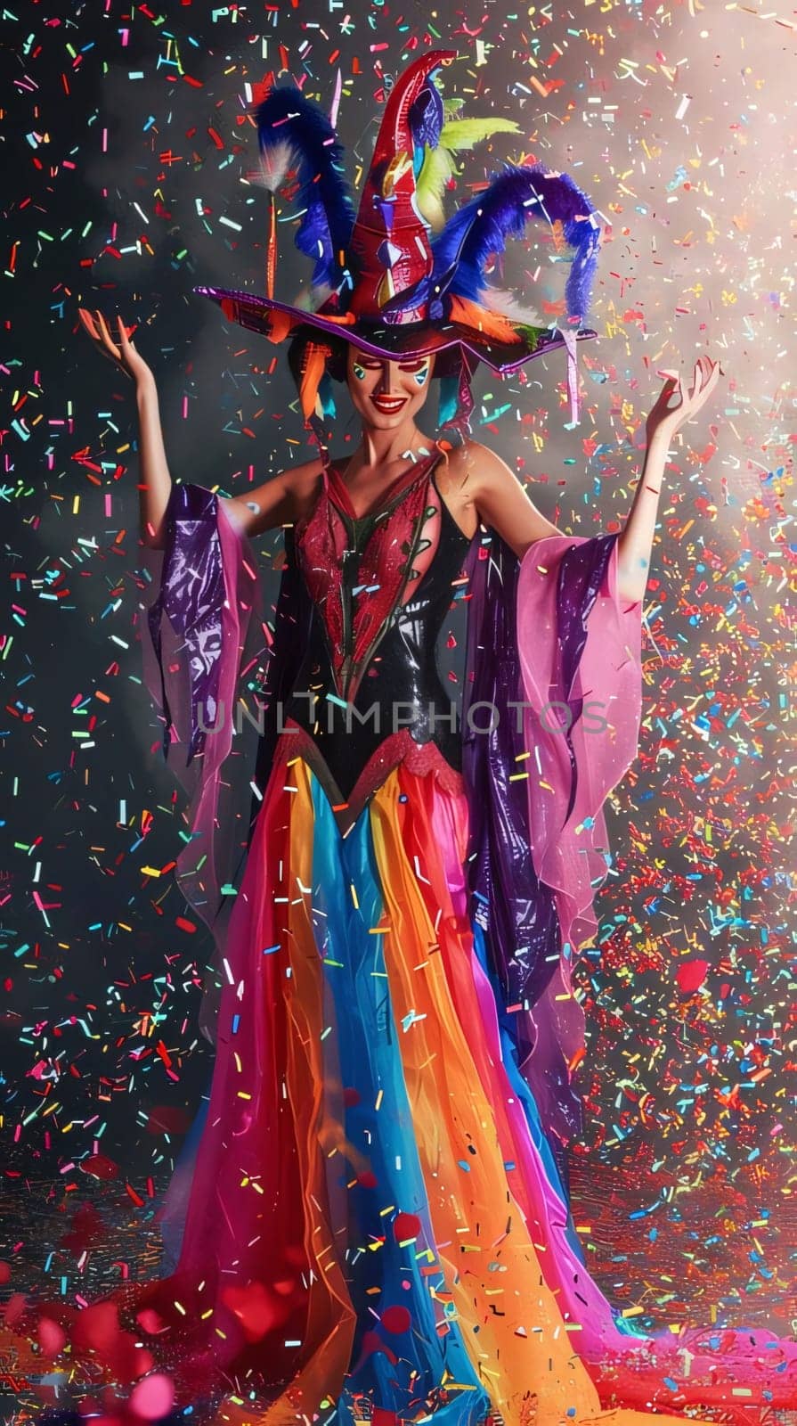 Woman in carnival costume with colorful dress and hat all around falling rainbow colored confetti. Carnival outfits, masks and decorations. A time of fun and celebration before the fast.