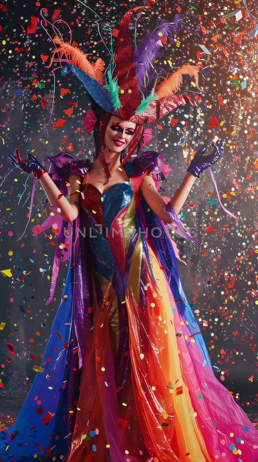 Woman in carnival costume with colorful dress and hat all around falling rainbow colored confetti. Carnival outfits, masks and decorations. A time of fun and celebration before the fast.