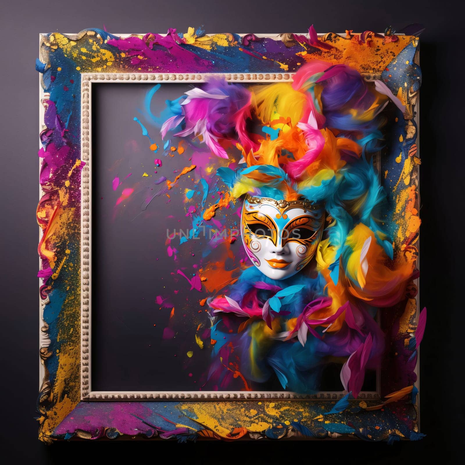 Carnival mask decorated with colorful rainbow ornaments, feathers on a dark background, to about space for your own content. Carnival outfits, masks and decorations. A time of fun and celebration before the fast.