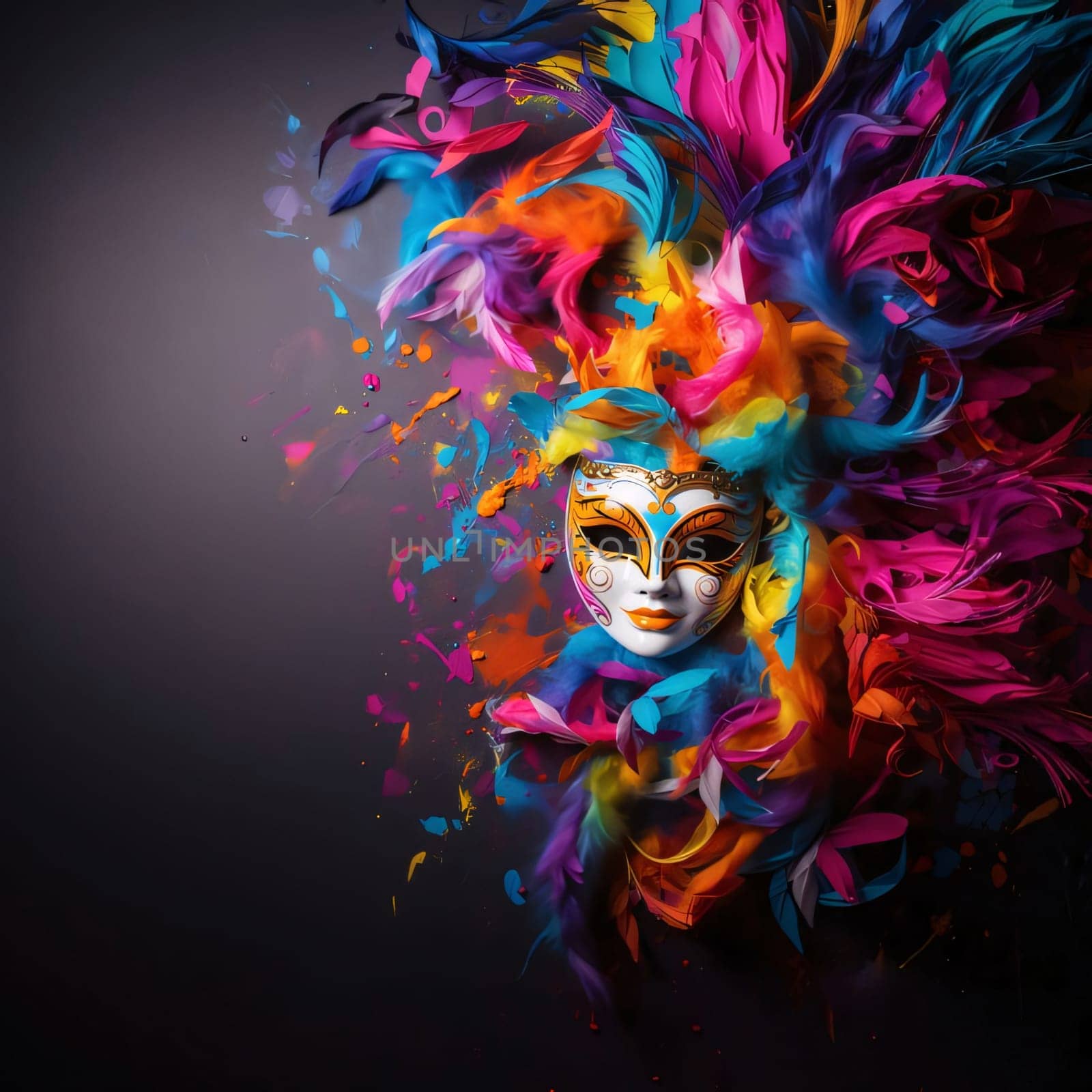 Carnival mask decorated with colorful rainbow ornaments, feathers on a dark background, to about space for your own content. Carnival outfits, masks and decorations. A time of fun and celebration before the fast.