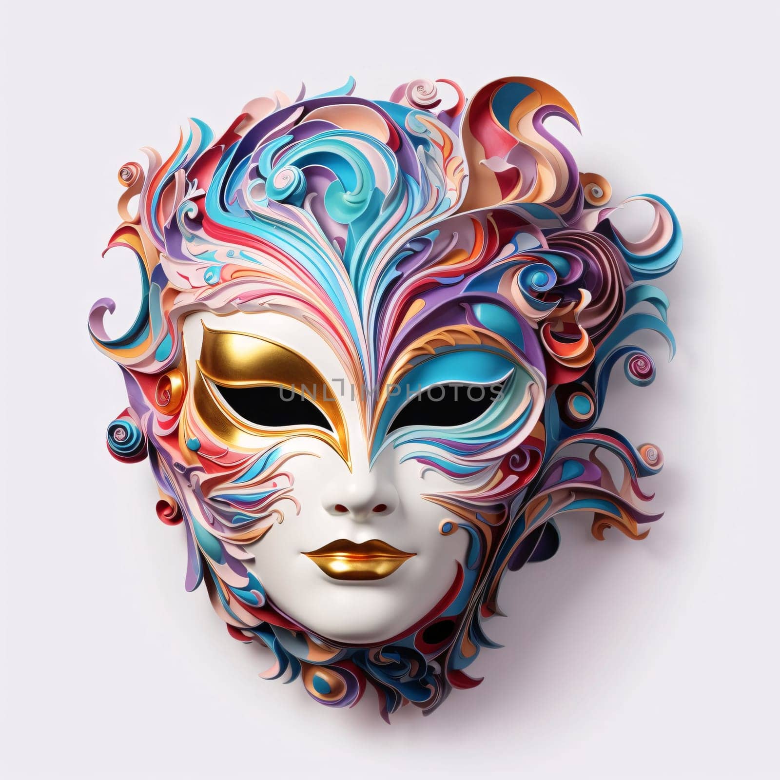 Carnival mask with rich colorful decorations on white isolated background. Carnival outfits, masks and decorations. A time of fun and celebration before the fast.