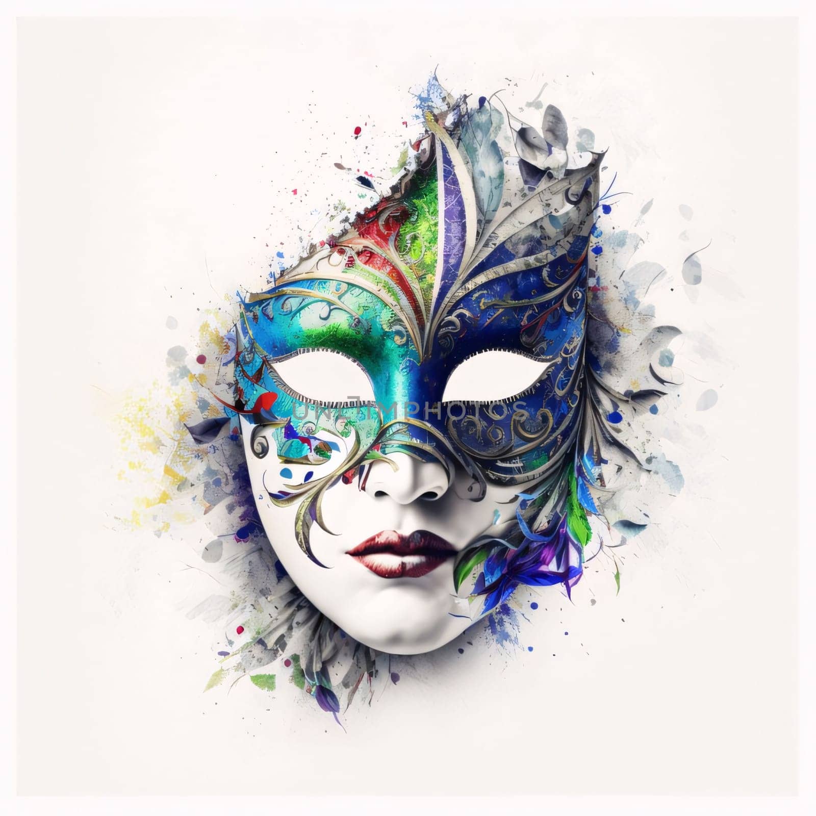 Colorful rainbow carnival mask on face concept disintegrating white background. Carnival outfits, masks and decorations. by ThemesS