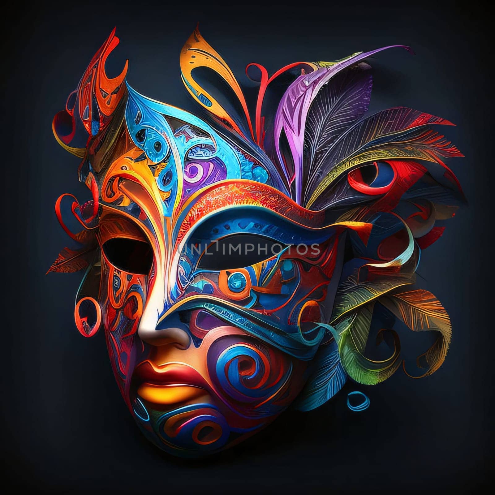 Carnival mask with colorful rainbow decorations on a dark background. Carnival outfits, masks and decorations. A time of fun and celebration before the fast.